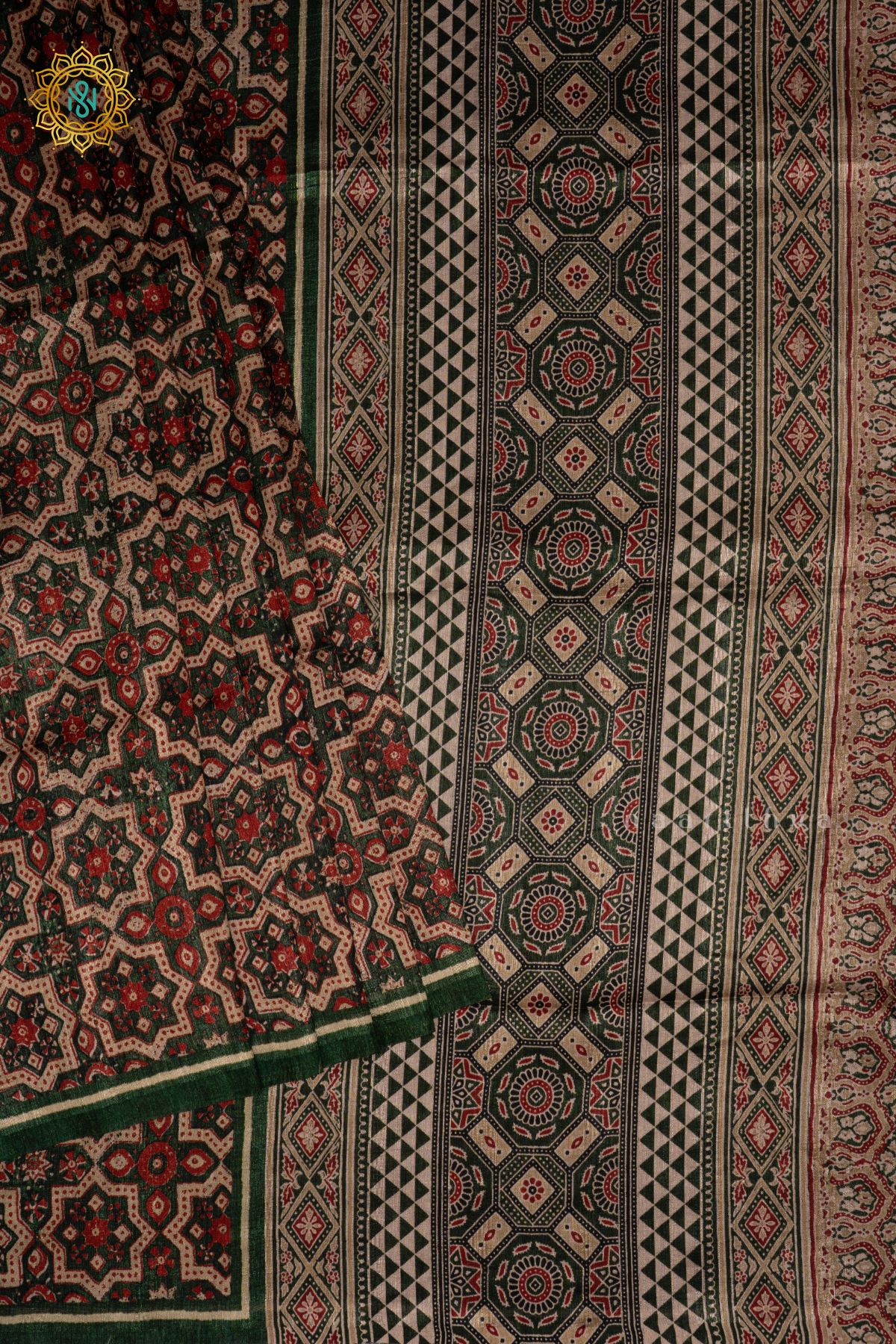 Bottle Green - Semi Gicha Tussar Saree Allover Ajrakh Printed Body With Pallu And Blouse
