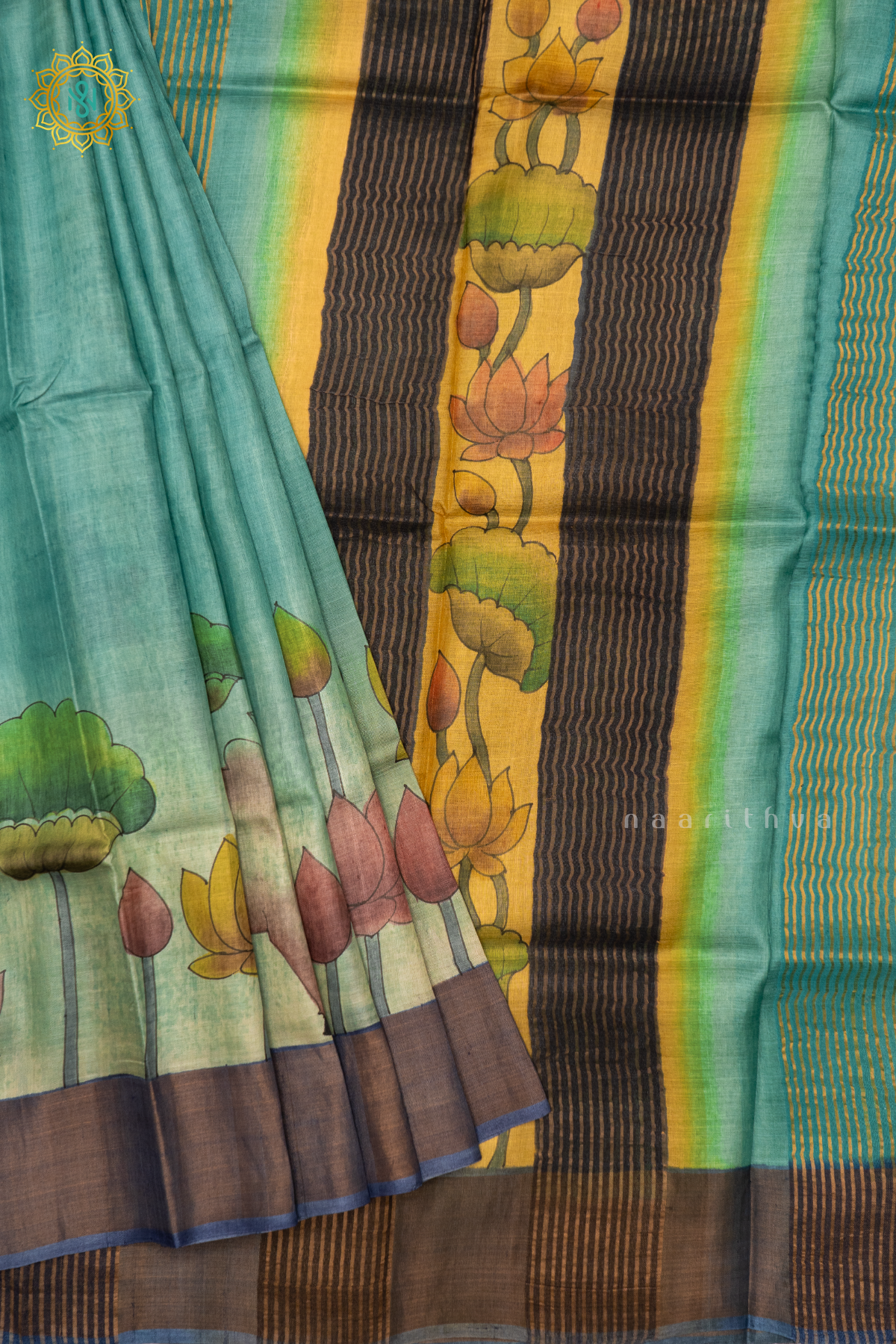 AQUA BLUE WITH GREEN - PURE TUSSAR SILK