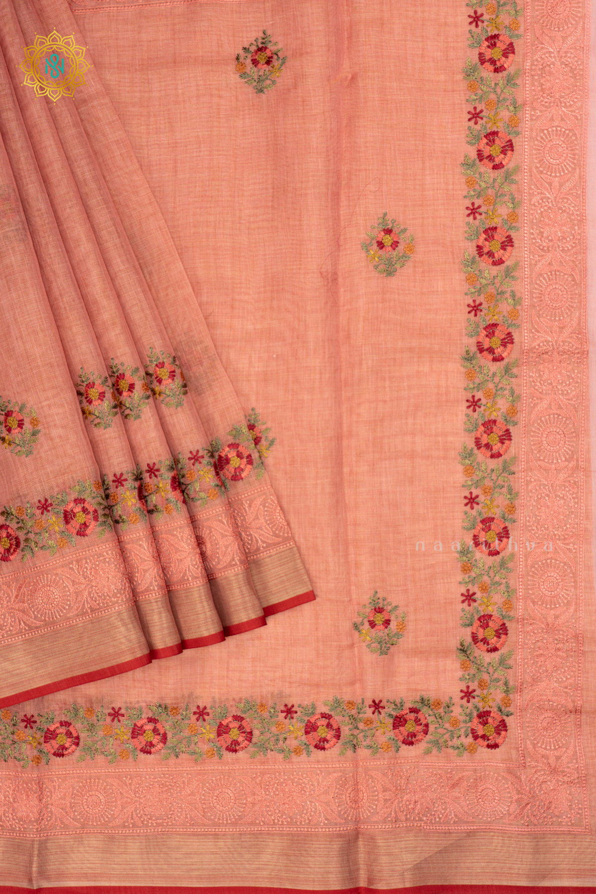 Peach - Linen Tissue Saree Allover Thread Work Buttas with Tissue Border