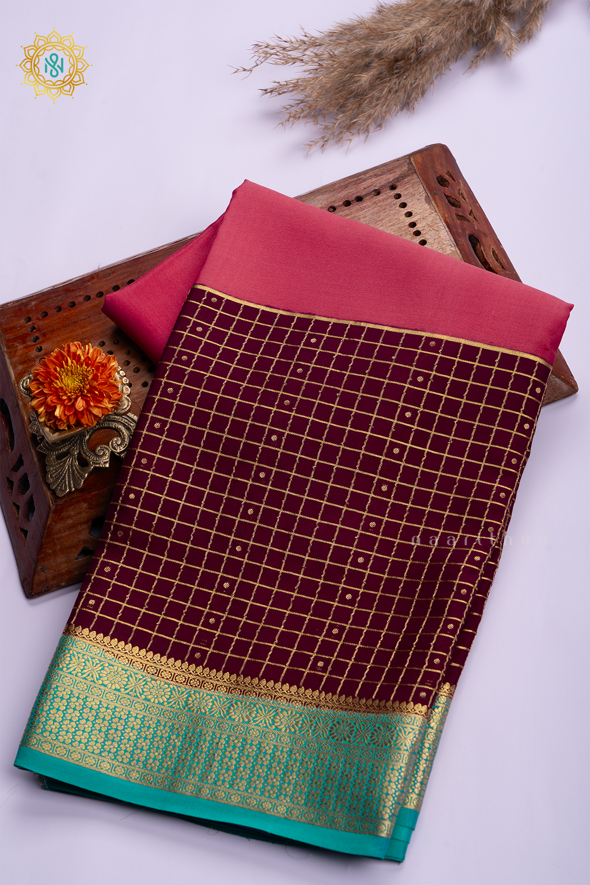 PEACHISH PINK WITH BROWN & AQUA GREEN - PURE MYSORE CREPE SILK