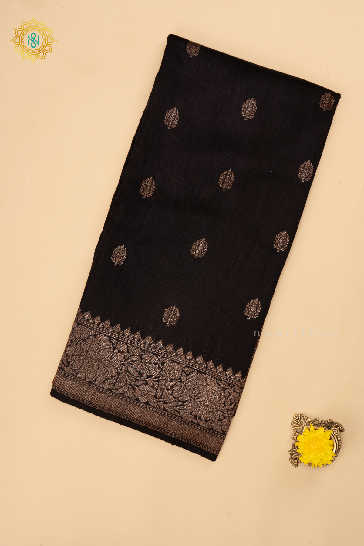 BLACK - PURE BANARASI RAW SILK SAREE WITH ALLOVER ZARI WOVEN BUTTAS AND BORDER