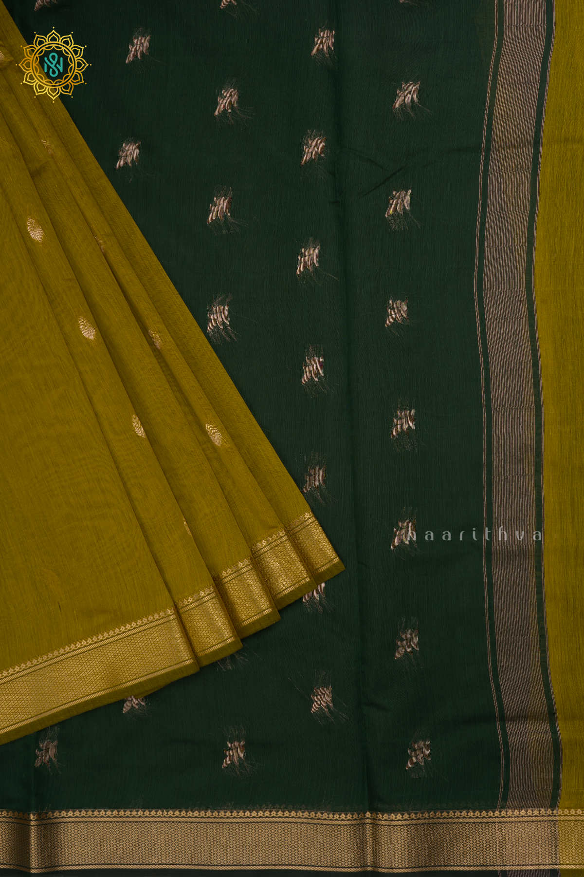 Lemon Green With Bottle Greeen Silk Cotton Saree With Zari Woven Buttas And Contrast Zari Border