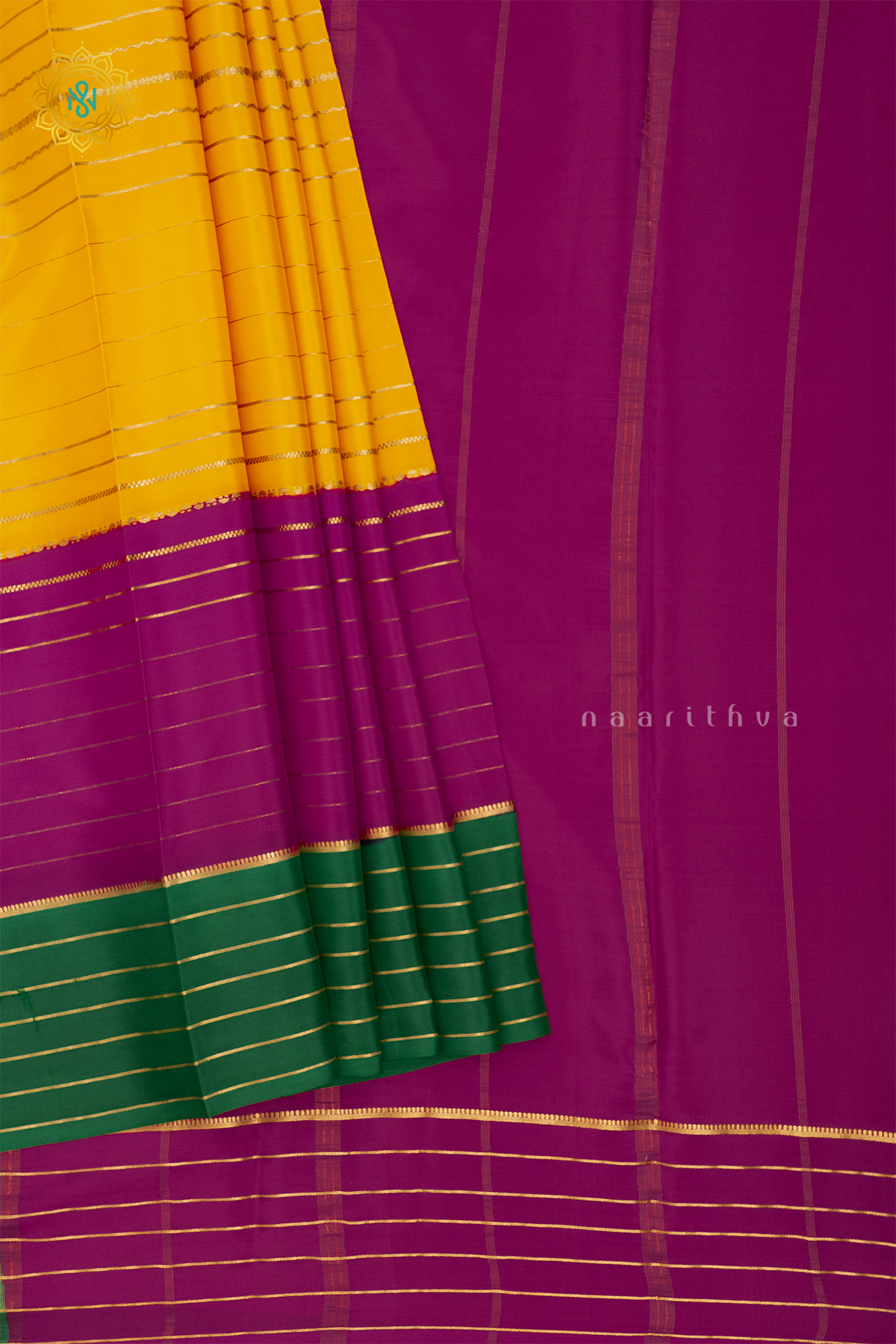 YELLOW WITH PINK & GREEN - PURE MYSORE CREPE SILK