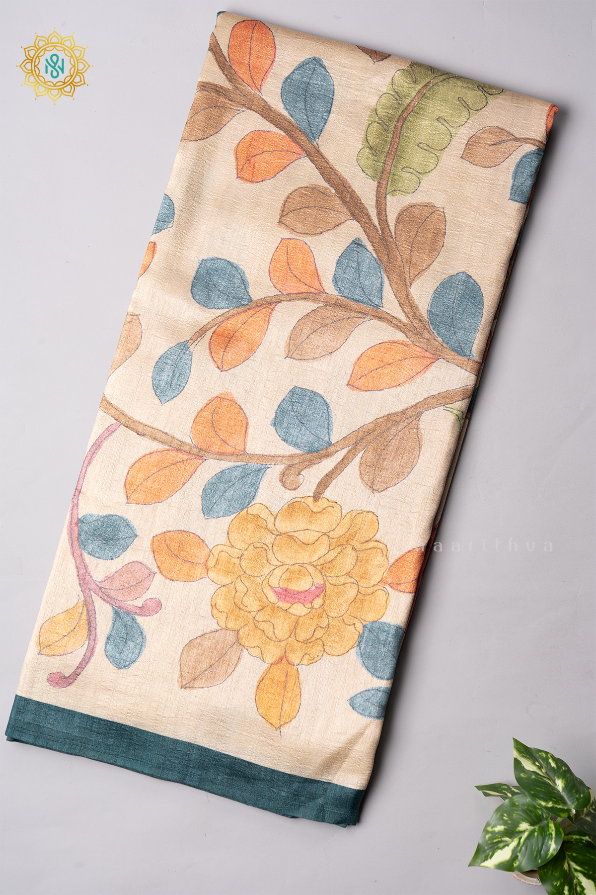 OFF WHITE WITH PEACOCK GREEN - SEMI GICHA TUSSAR