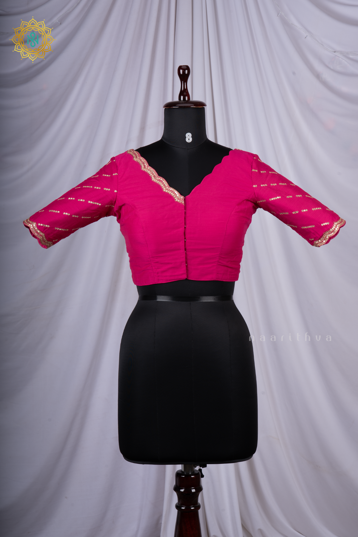 Pink Cotton Silk Readymade Blouse with a Scalloped Neckline and Sequin Work