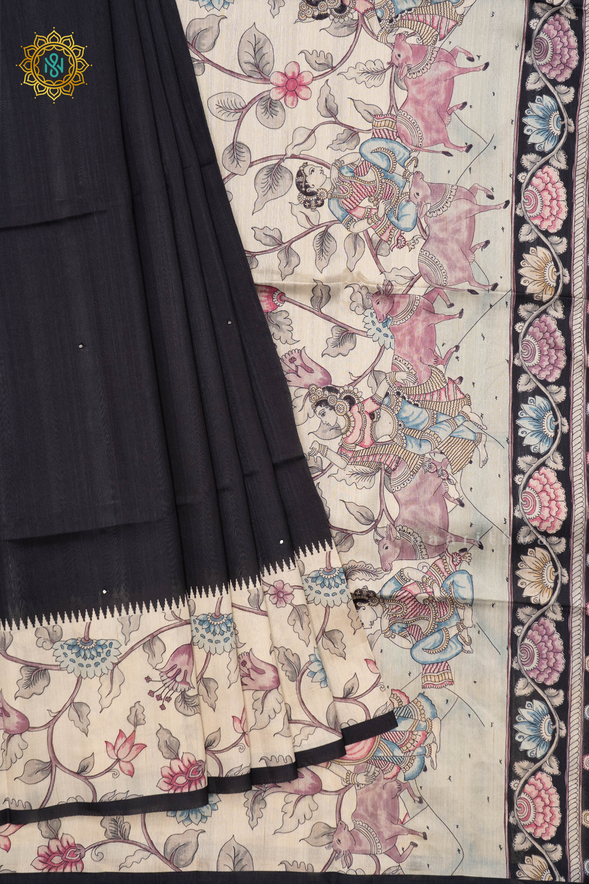 BLACK WITH WHITE - SEMI TUSSAR SILK
