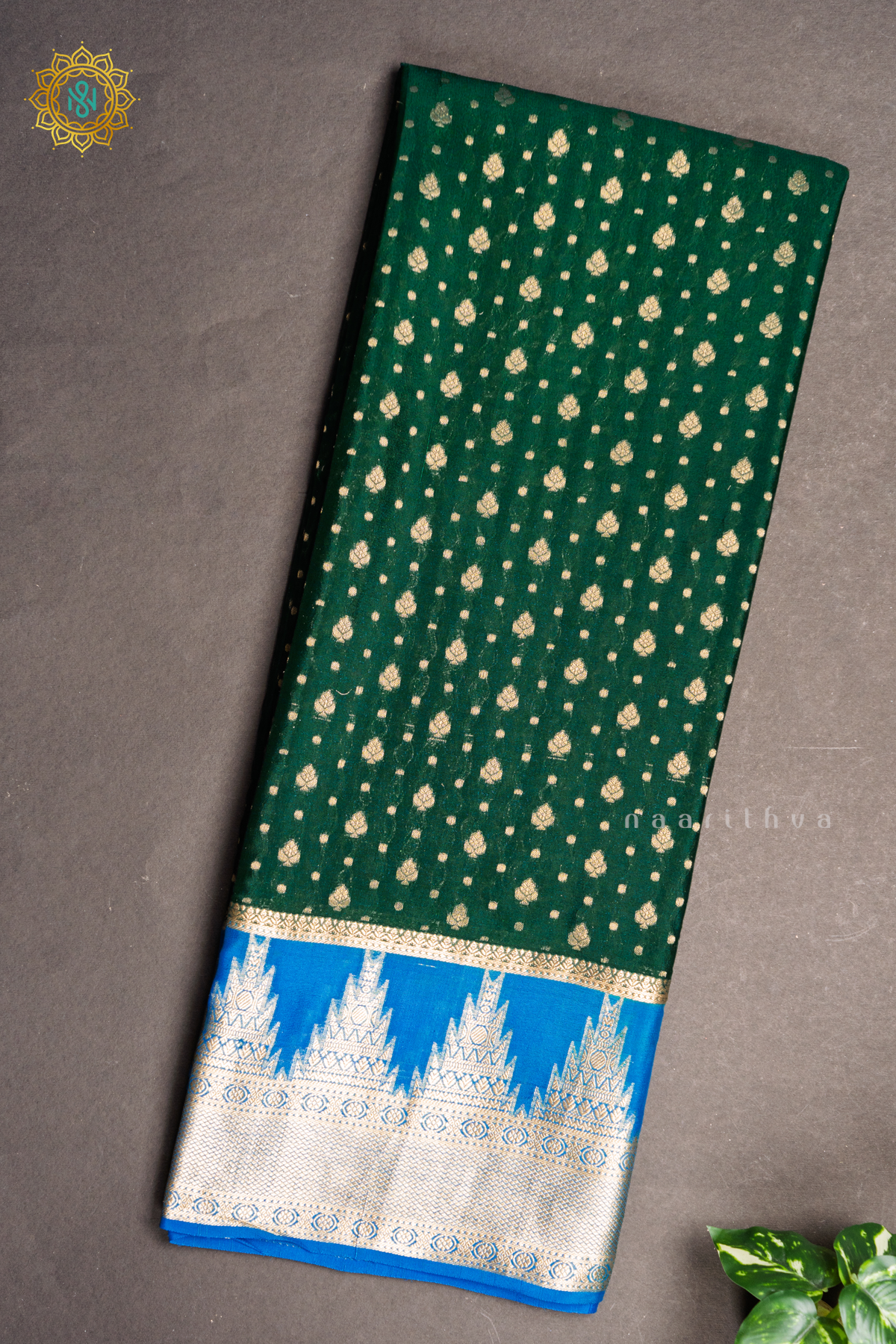 BOTTLE GREEN WITH SKY BLUE - PURE MYSORE CREPE SILK