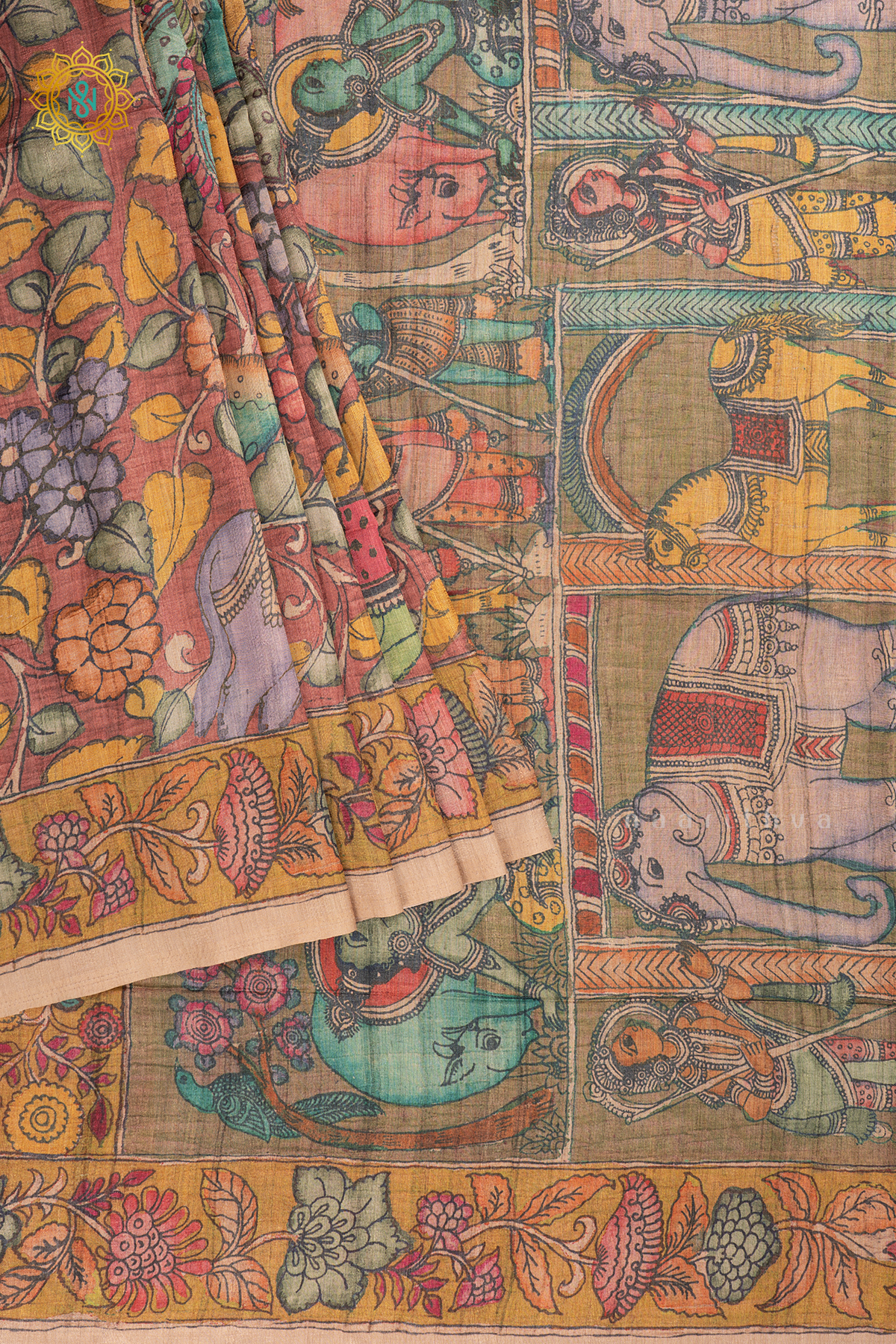 Peach With Light Brown - Semi Gicha Tussar Saree Allover Kalamkari Printed Body With Pallu And Blouse