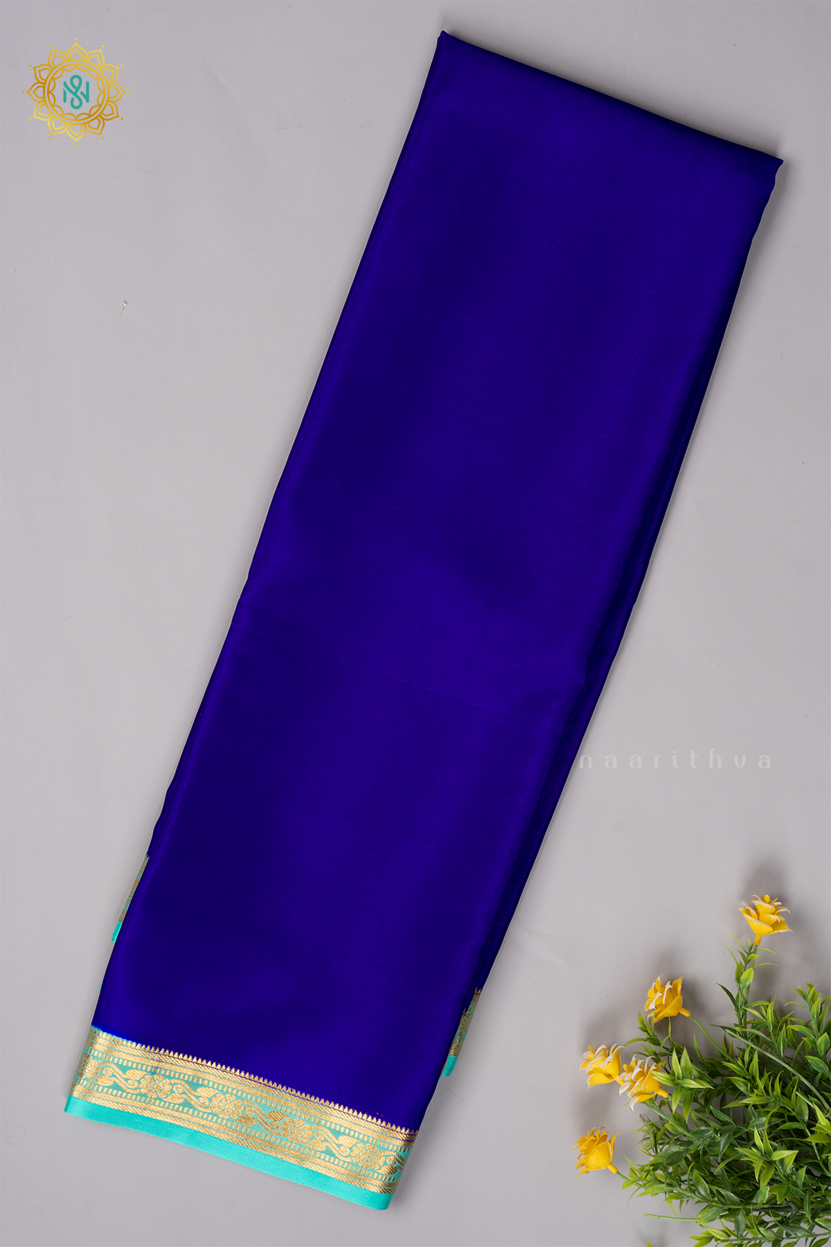 ROYAL BLUE WITH AQUA GREEN - PURE MYSORE CREPE SILK