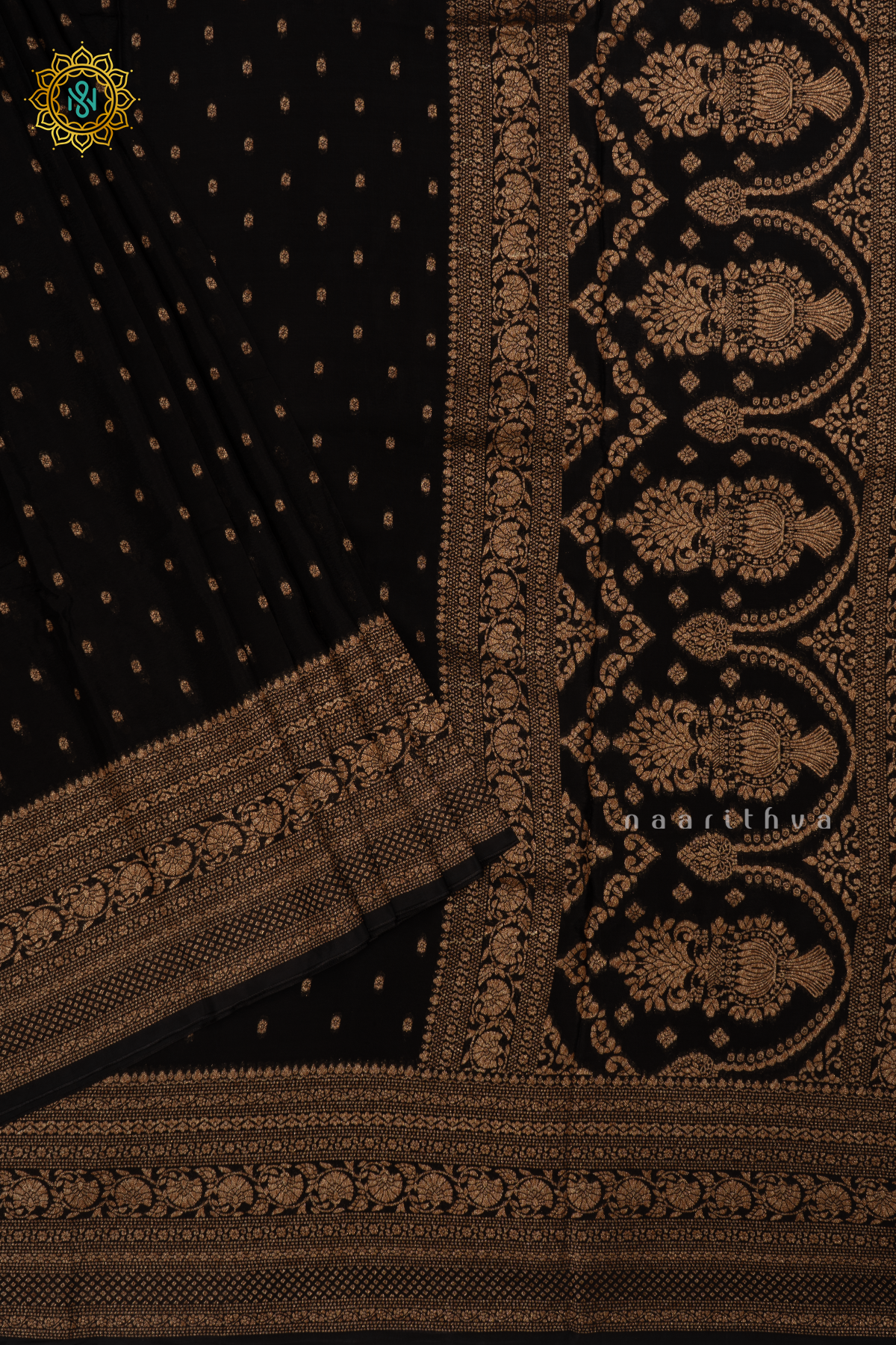 Black Semi Banarasi Crepe Silk Saree with All-Over Zari Buttas and a Zari Border