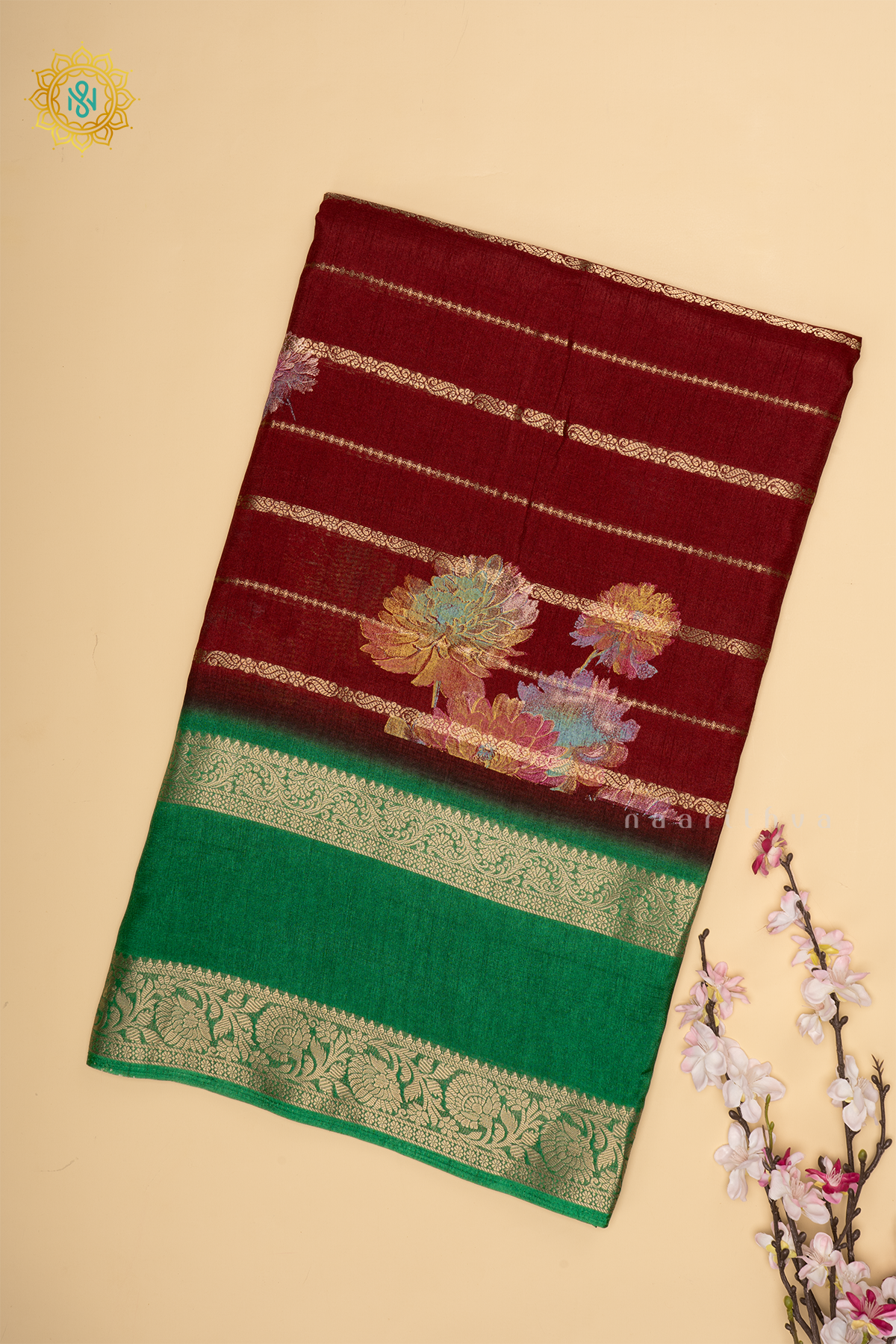 Maroon With Green Dola Silk Saree Allover Printed Buttas And Zari Stripes With Contrast Zari Gap Border