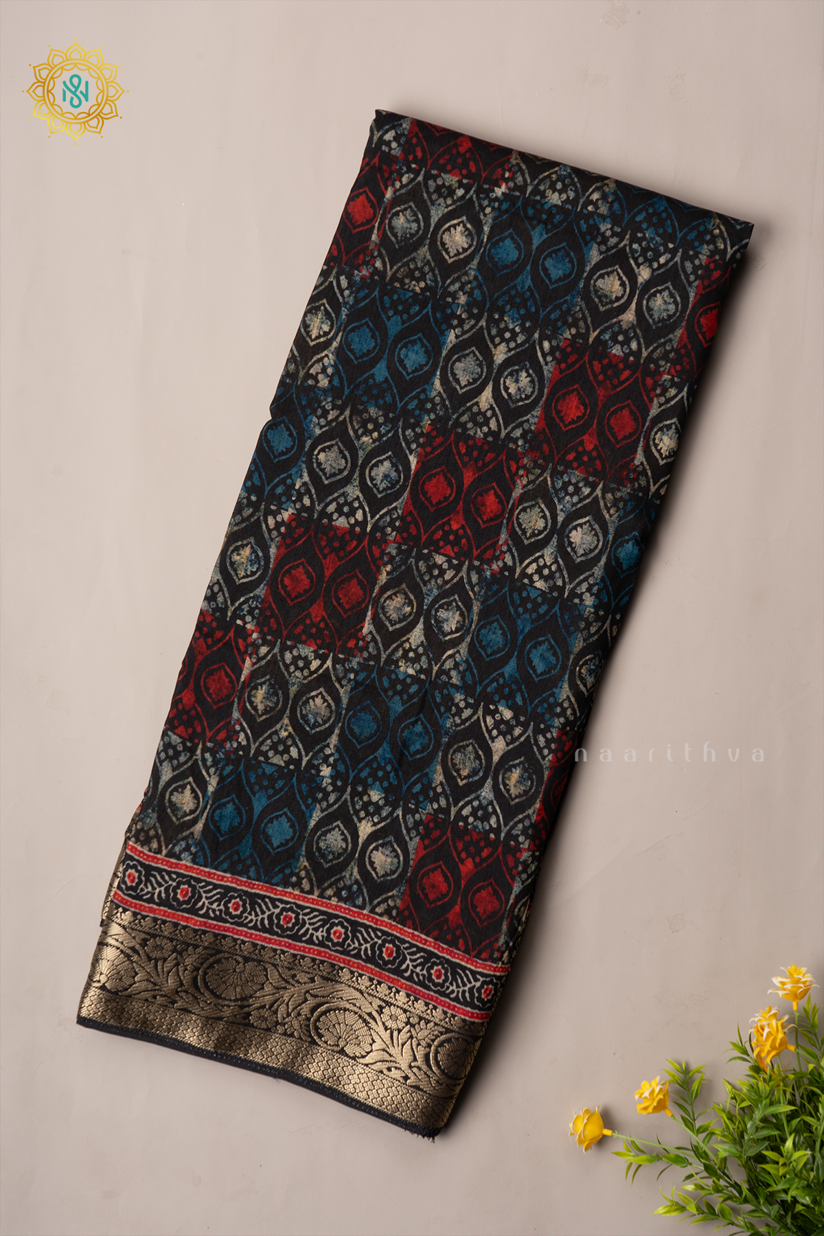 BLACK WITH RED - SEMI CREPE SILK