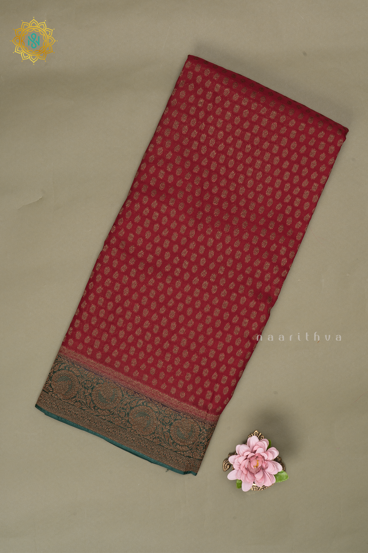 Red With Green Semi Banarasi Georgette Saree Allover Zari Buttas On The Body With Contrast Zari Border & Pallu