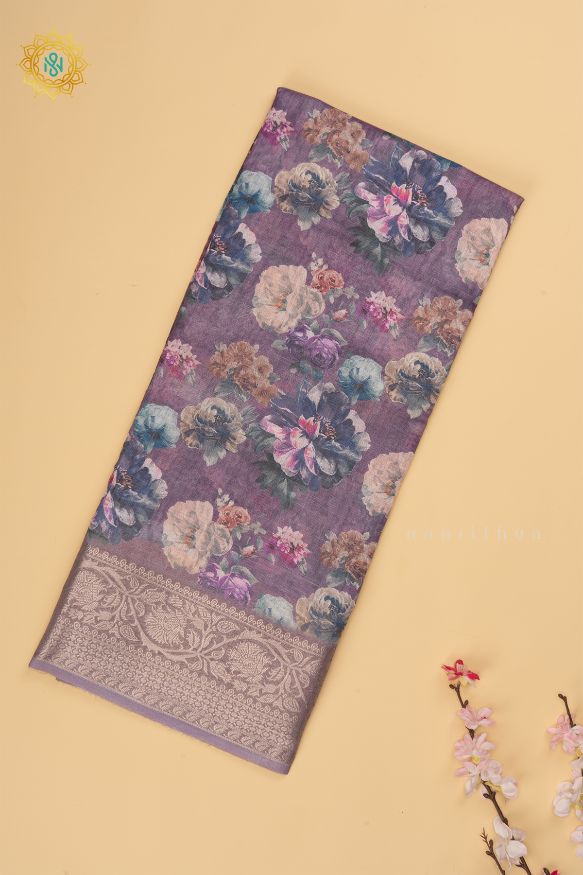 Lavender Linen by Cotton Saree with Floral Printed Body and Zari Border