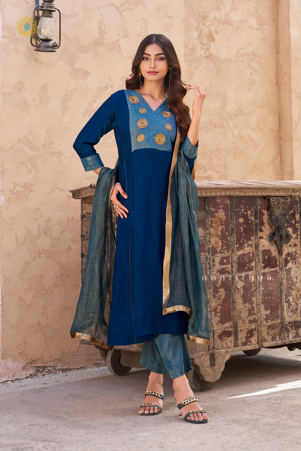 PEACOCK BLUE - SILK 3PC SALWAR SUIT WITH TOP, BOTTOM & DUPATTA