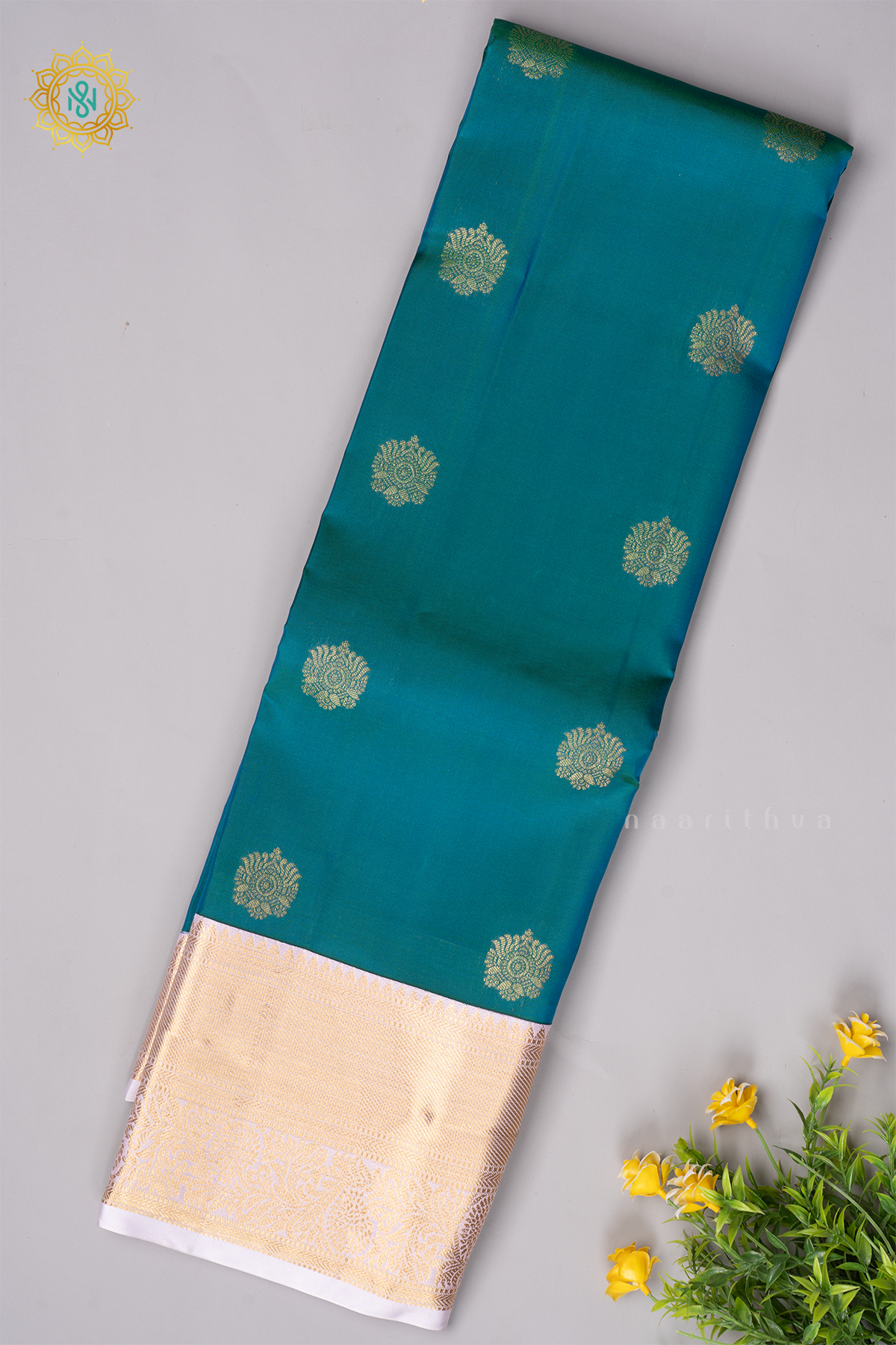 PEACOCK GREEN WITH OFF WHITE - KANJIVARAM PURE MIX