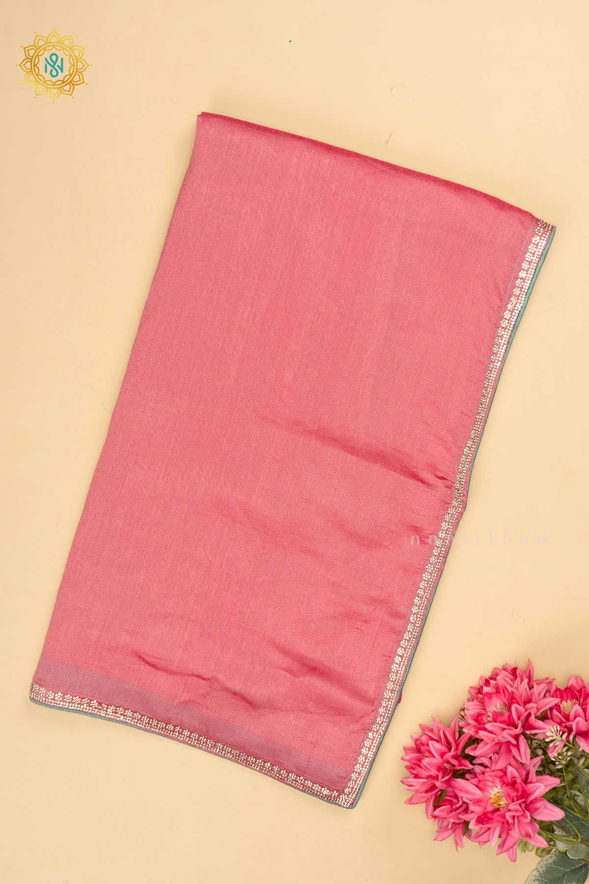 Light Pink with Aqua Blue - Party Wear Tussar Georgette Saree Allover Plain Body with Stone Work Border, with Contrast Blouse