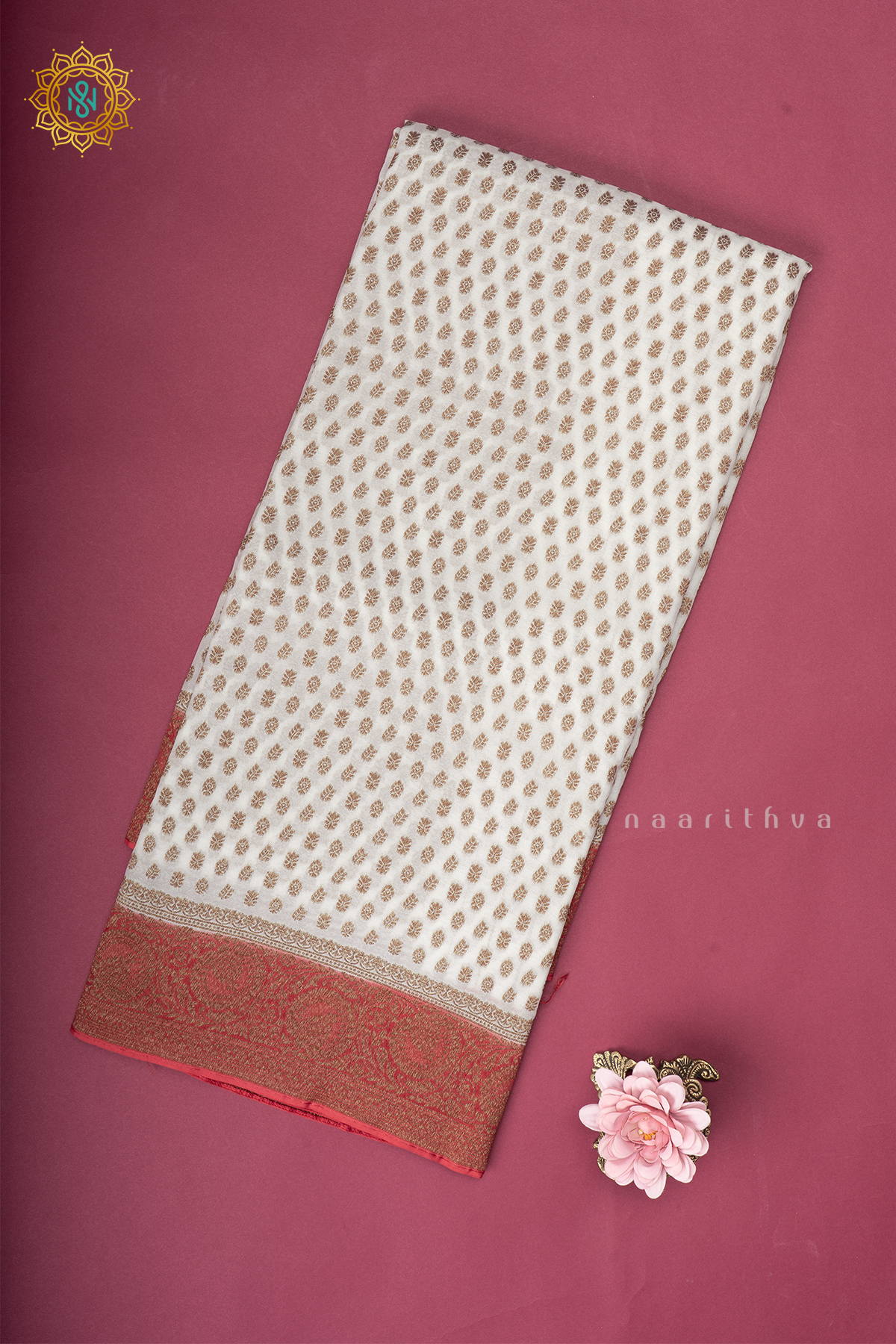 White With Red Semi Banarasi Georgette Saree Allover Zari Buttas On The Body With Contrast Zari Border & Pallu