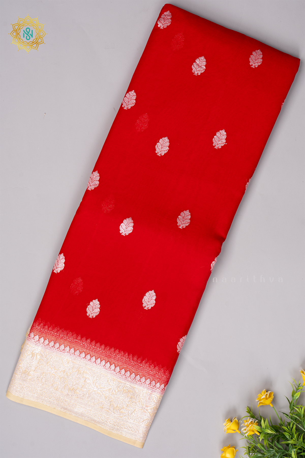 RED WITH OFF WHITE - PURE CHIFFON BANARAS
