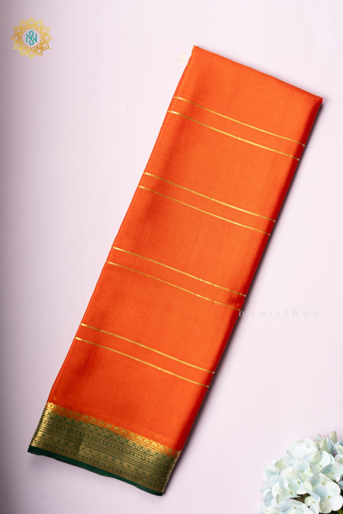 ORANGE WITH GREEN - PURE MYSORE CREPE SILK