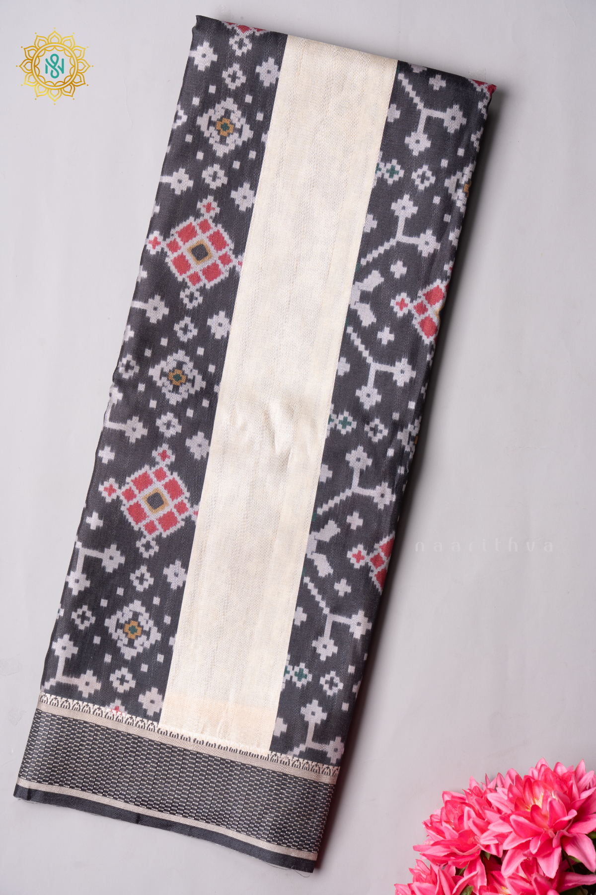 BLACK WITH OFF WHITE - SEMI TUSSAR SILK