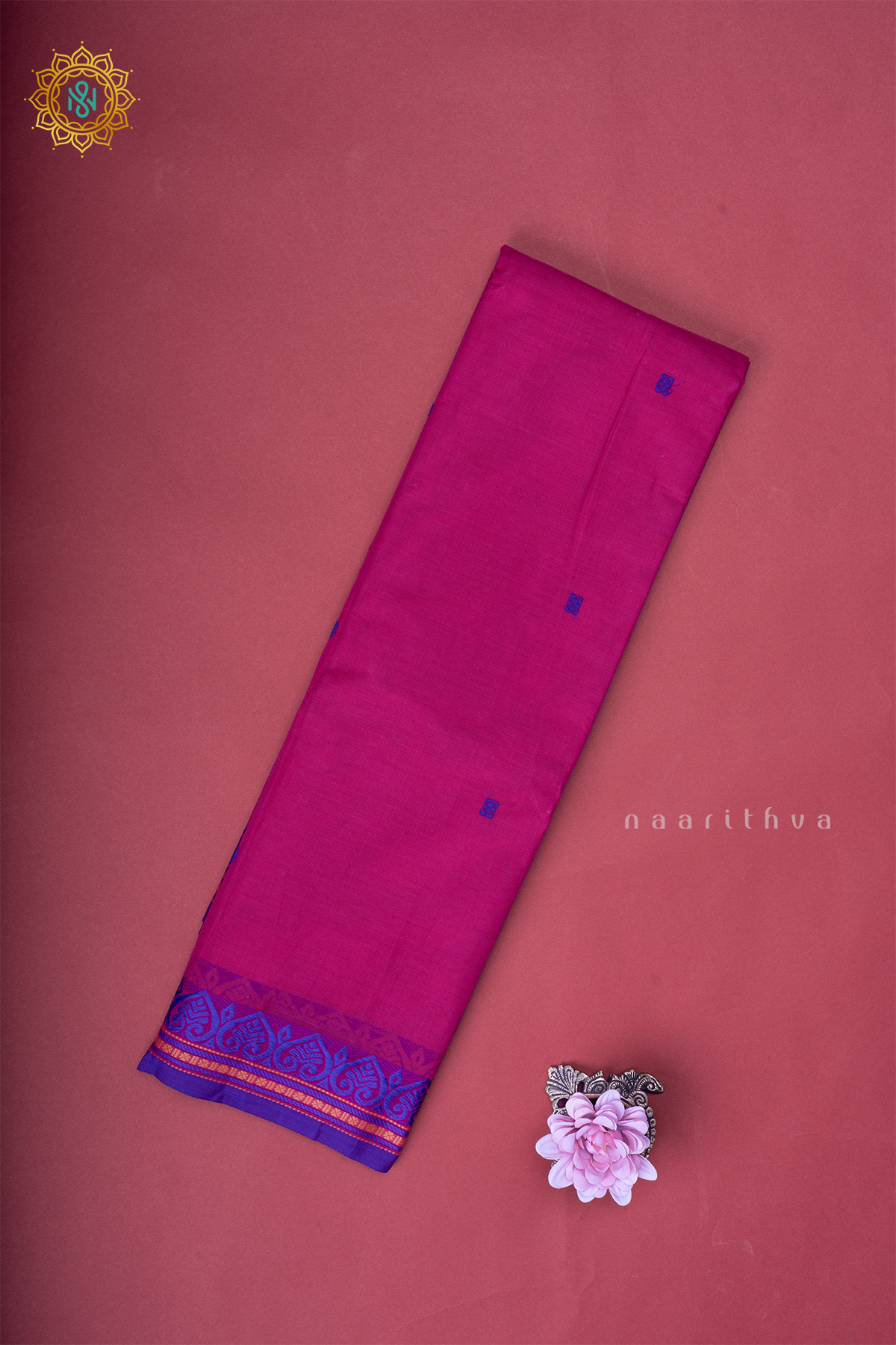 Pink With Purple Chettinad Cotton Saree With Thread Woven Buttas & Contrast Border