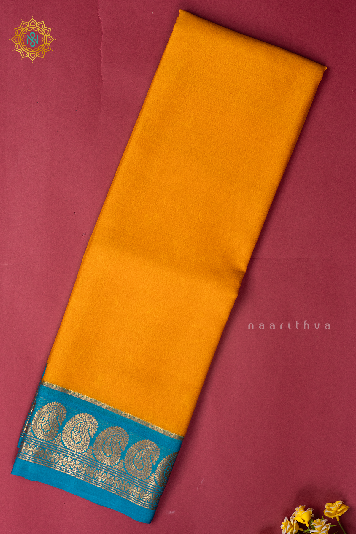 YELLOW WITH SKY BLUE - PURE MYSORE CREPE SILK