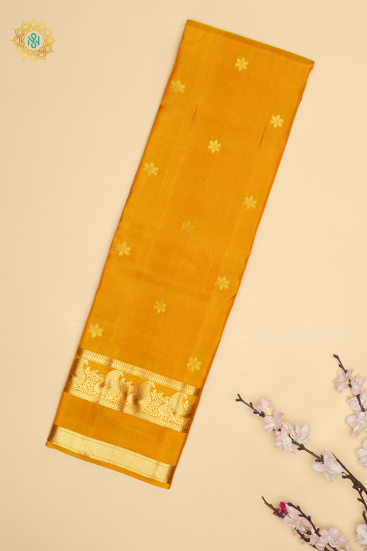 Yellow with Magenta Pure Mix Kanjivaram Silk Saree with Zari Woven Buttas and Zari Woven Gap Border With Contrast Pallu & Blouse