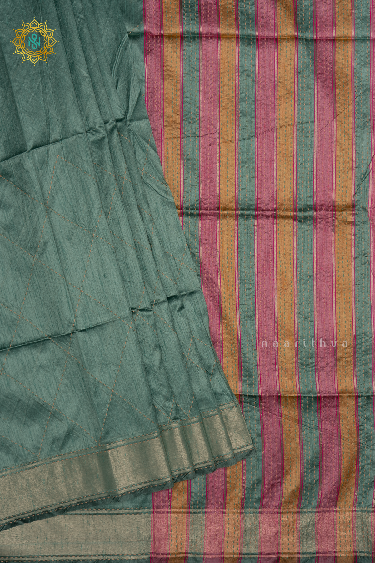 Pista Green Semi Tussar Silk Sarree With Rangkat Pallu & Blouse