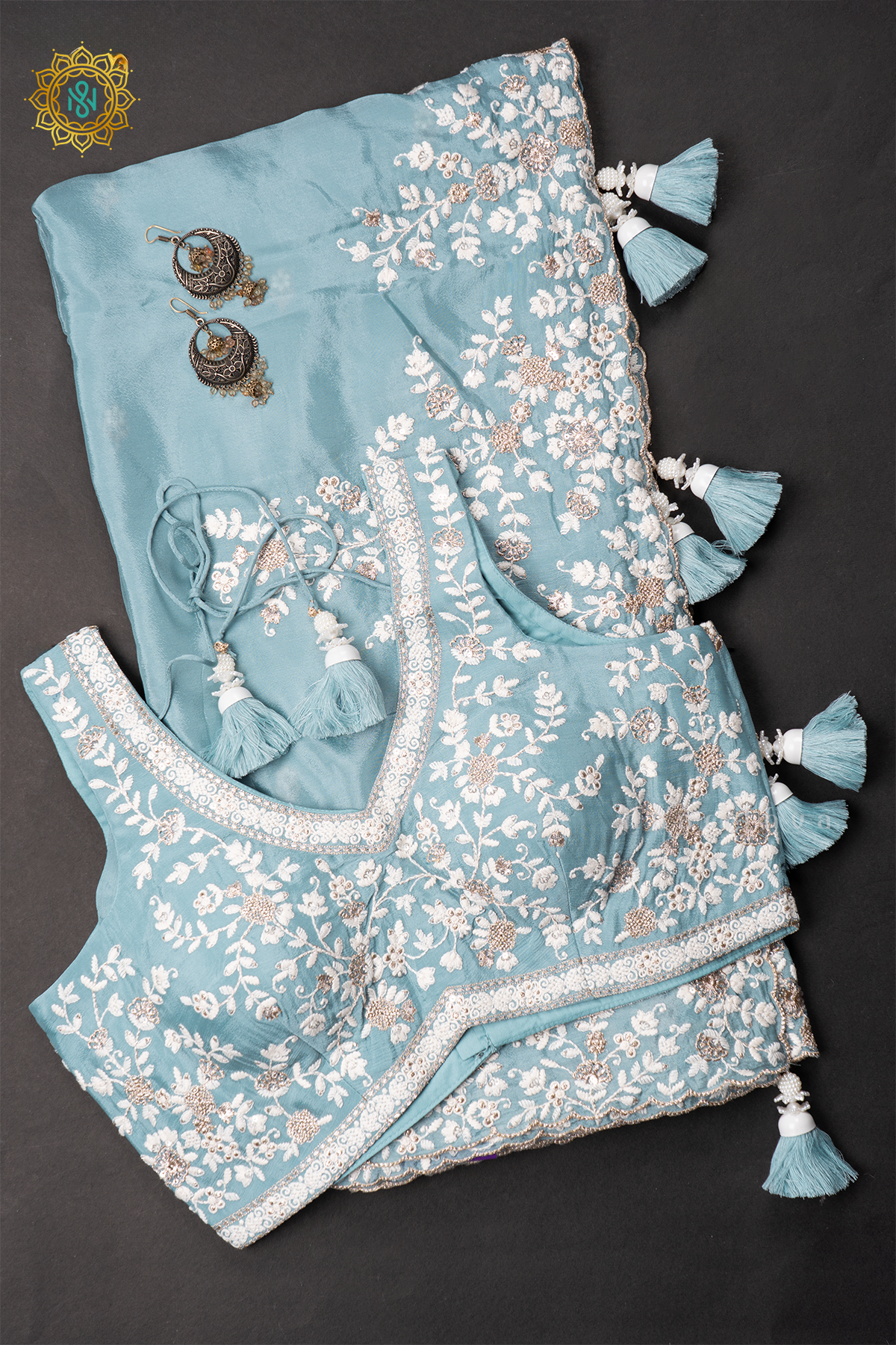 AQUA BLUE - CRPE PARTY WEAR SAREE WITH READYMADE BLOUSE