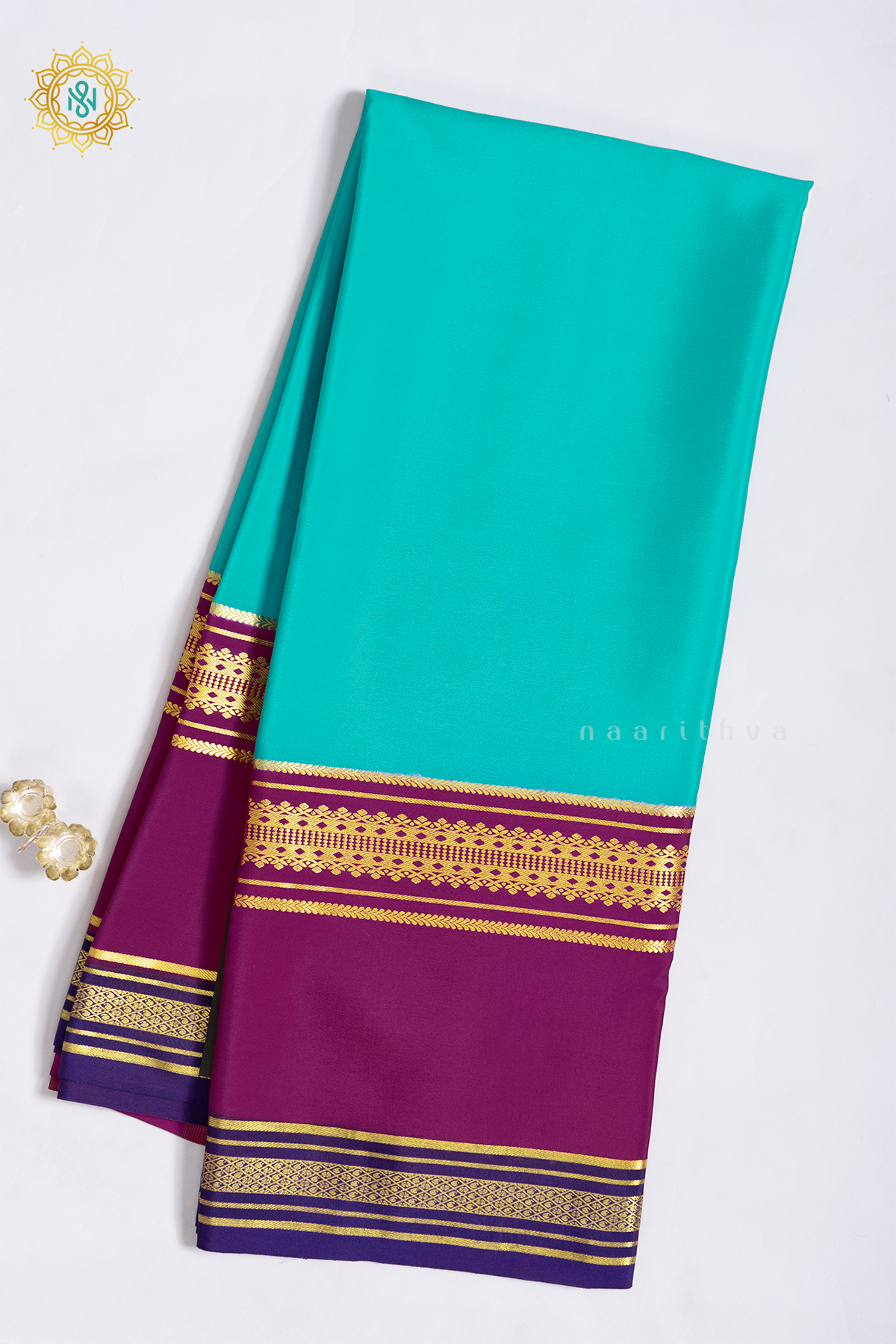 AQUA BLUE WITH PINK & BLUE - PURE MYSORE CREPE SILK