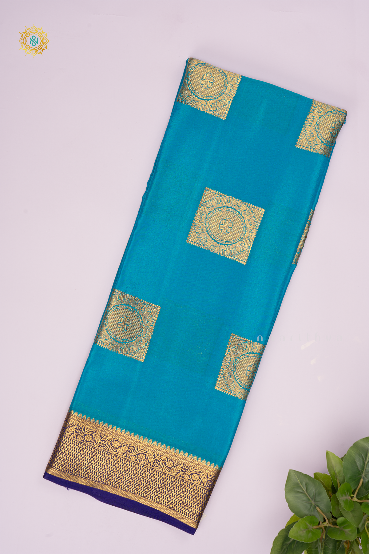 SKY BLUE WITH NAVY BLUE - PURE MYSORE CREPE SILK