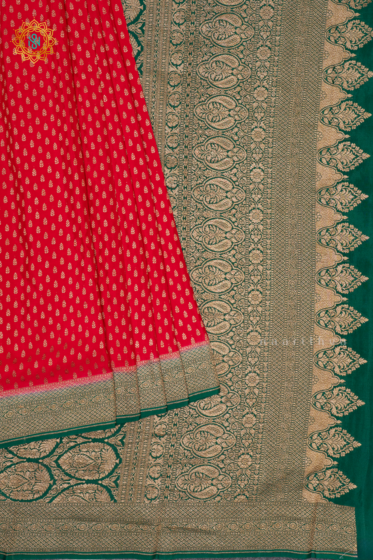 RED WITH GREEN - PURE BANARASI CREPE SILK