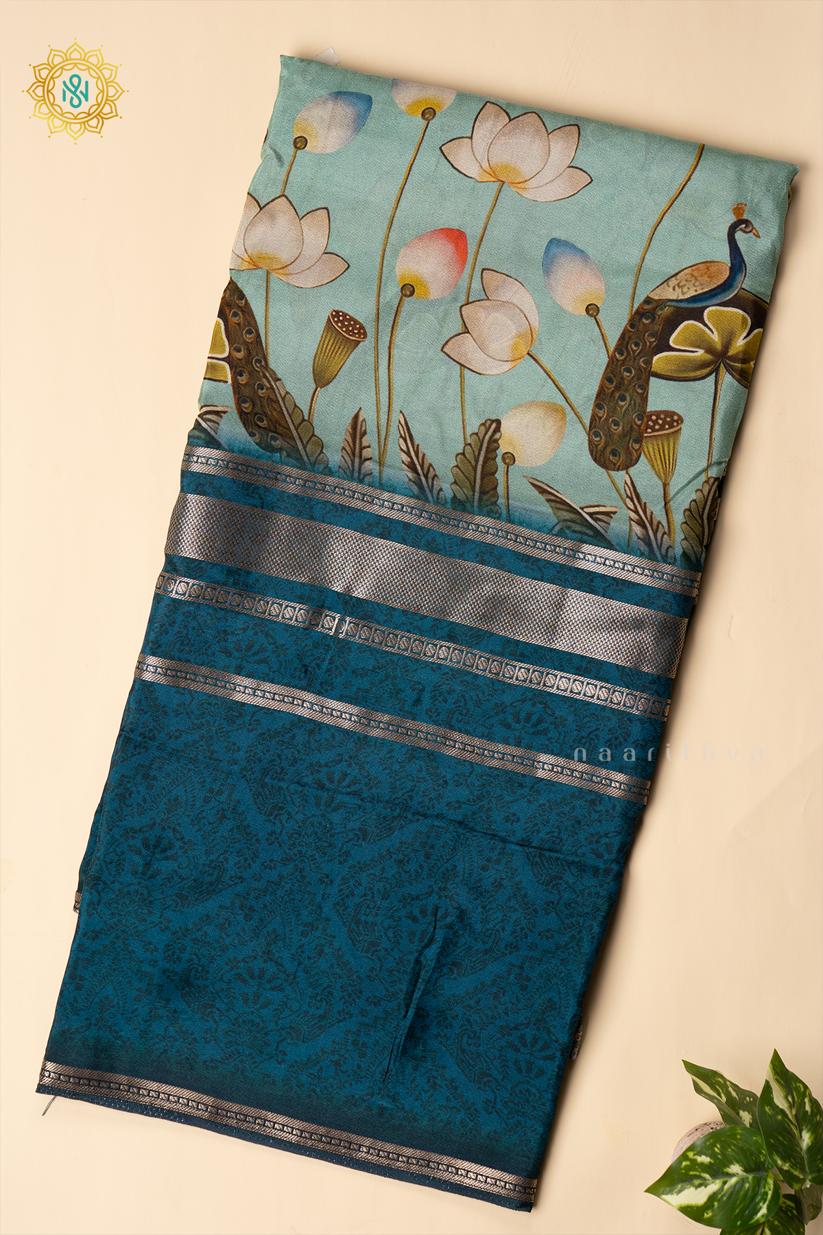 TEAL BLUE WITH AQUA GREEN - SEMI CREPE SILK