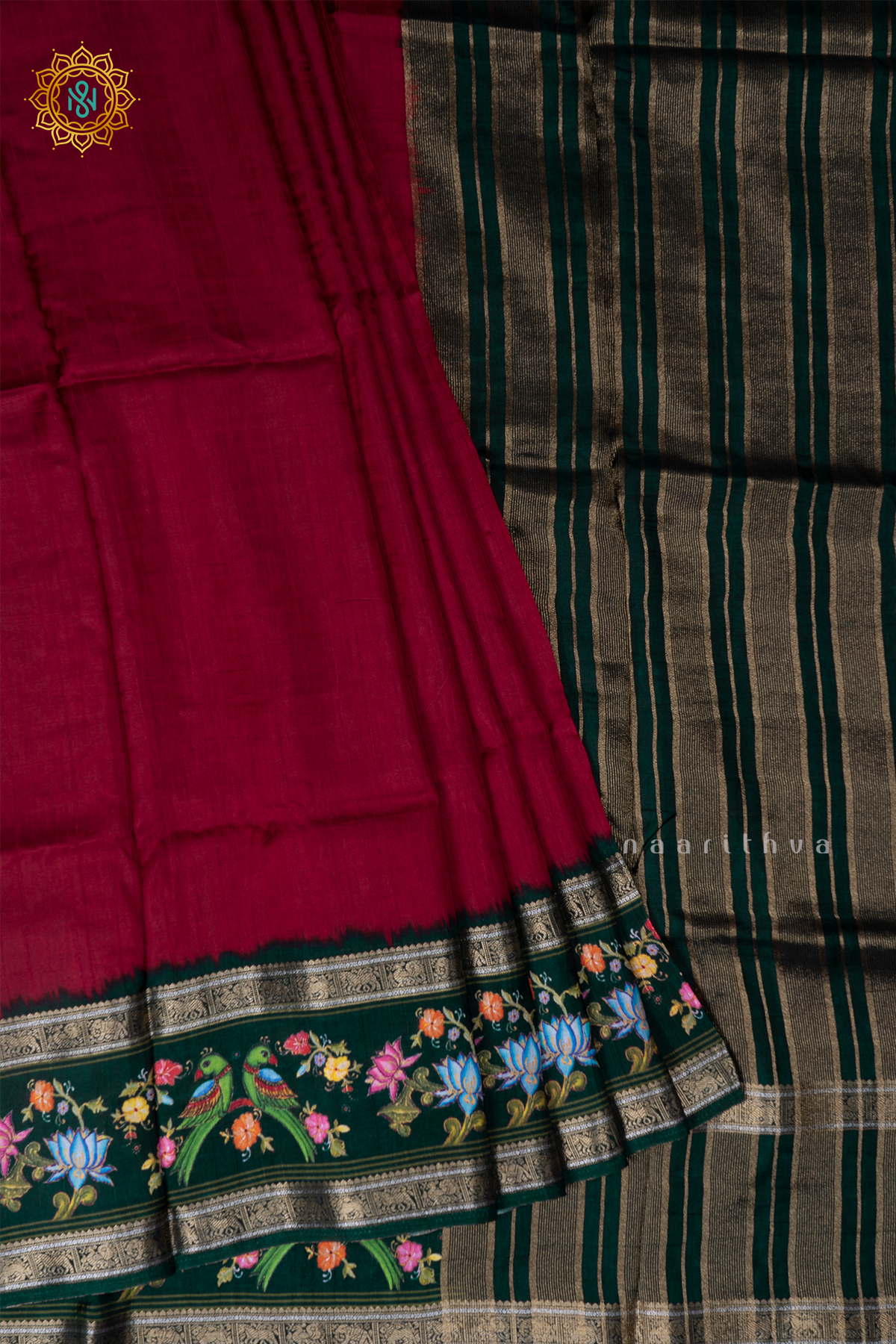 Red With Green Printed Semi Crepe Silk With Contrast Border, Pallu