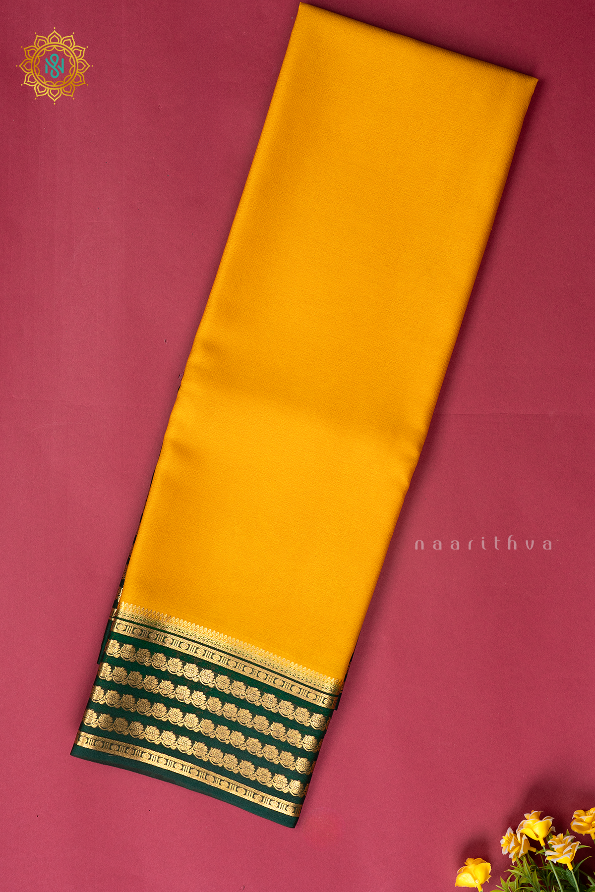 YELLOW WITH GREEN - PURE MYSORE CREPE SILK