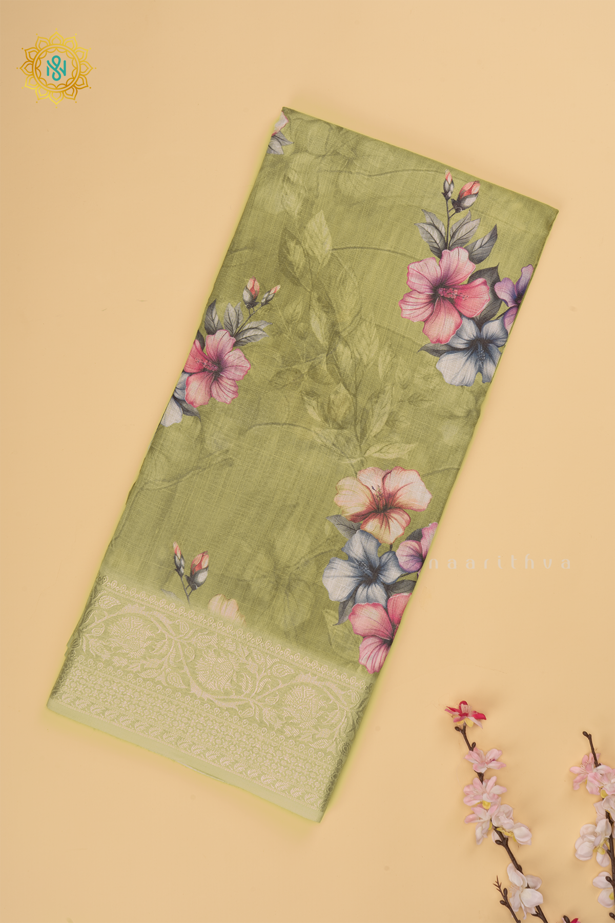 Light Olive Green Linen by Cotton Saree with Floral Printed Body and Zari Border