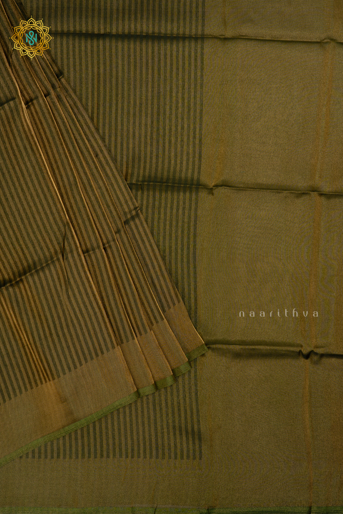 Green Semi Tissue Saree With Tissue Stripes On The Body And Border