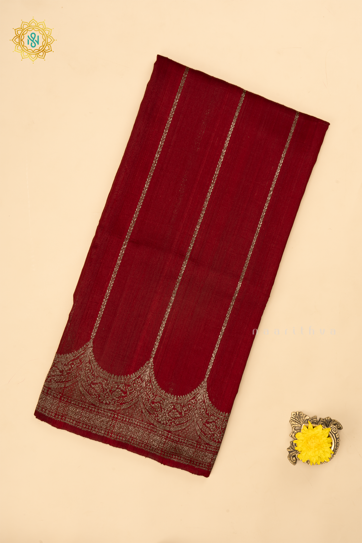 RED - PURE BANARASI RAW SILK SAREE WITH ALLOVER ZARI STRIPES AND SCALLOP BORDER