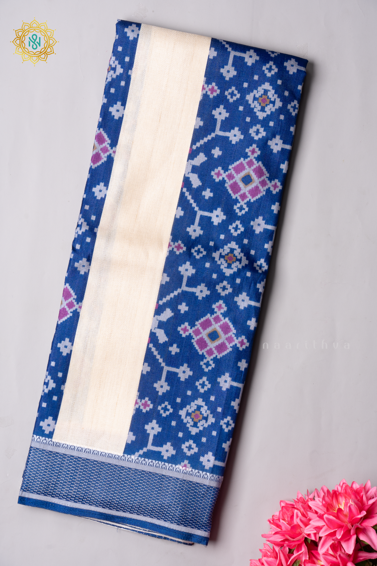 BLUE WITH OFF WHITE - SEMI TUSSAR SILK