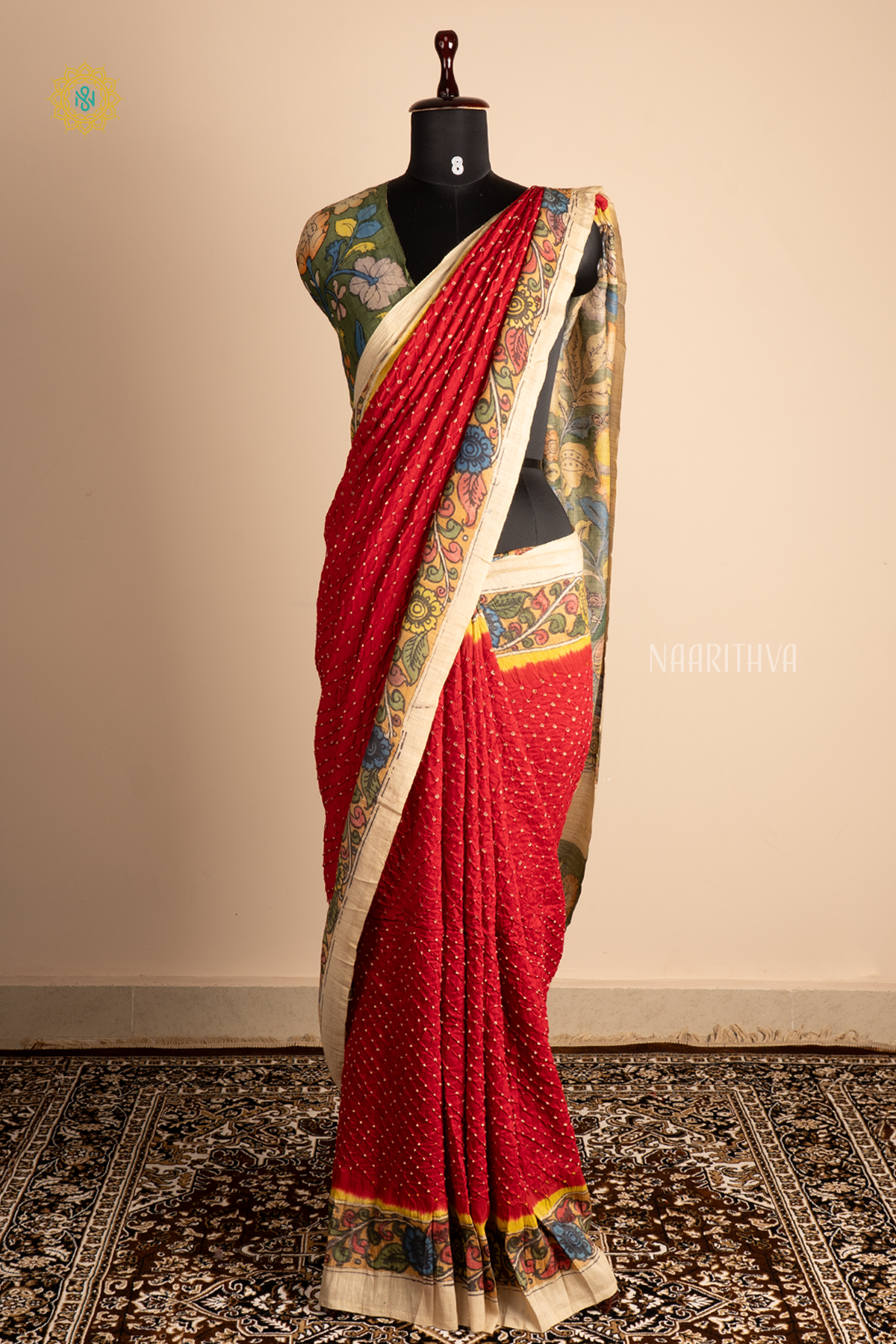 Red Pure Tussar Silk Saree with All-Over Small Bhandhini Tie-Dye Design and Hand-Painted Pen Kalamkari Work on the Border, Pallu and Blouse