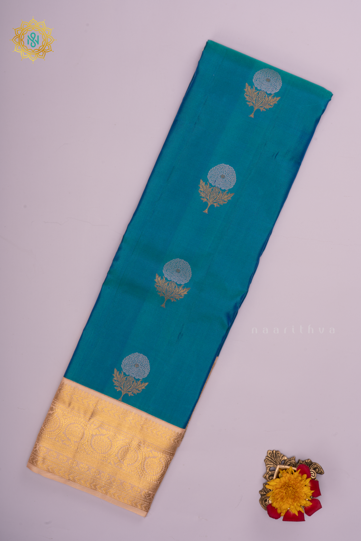 PEACOCK BLUE WITH PEACH - PURE KANJIVARAM SILK