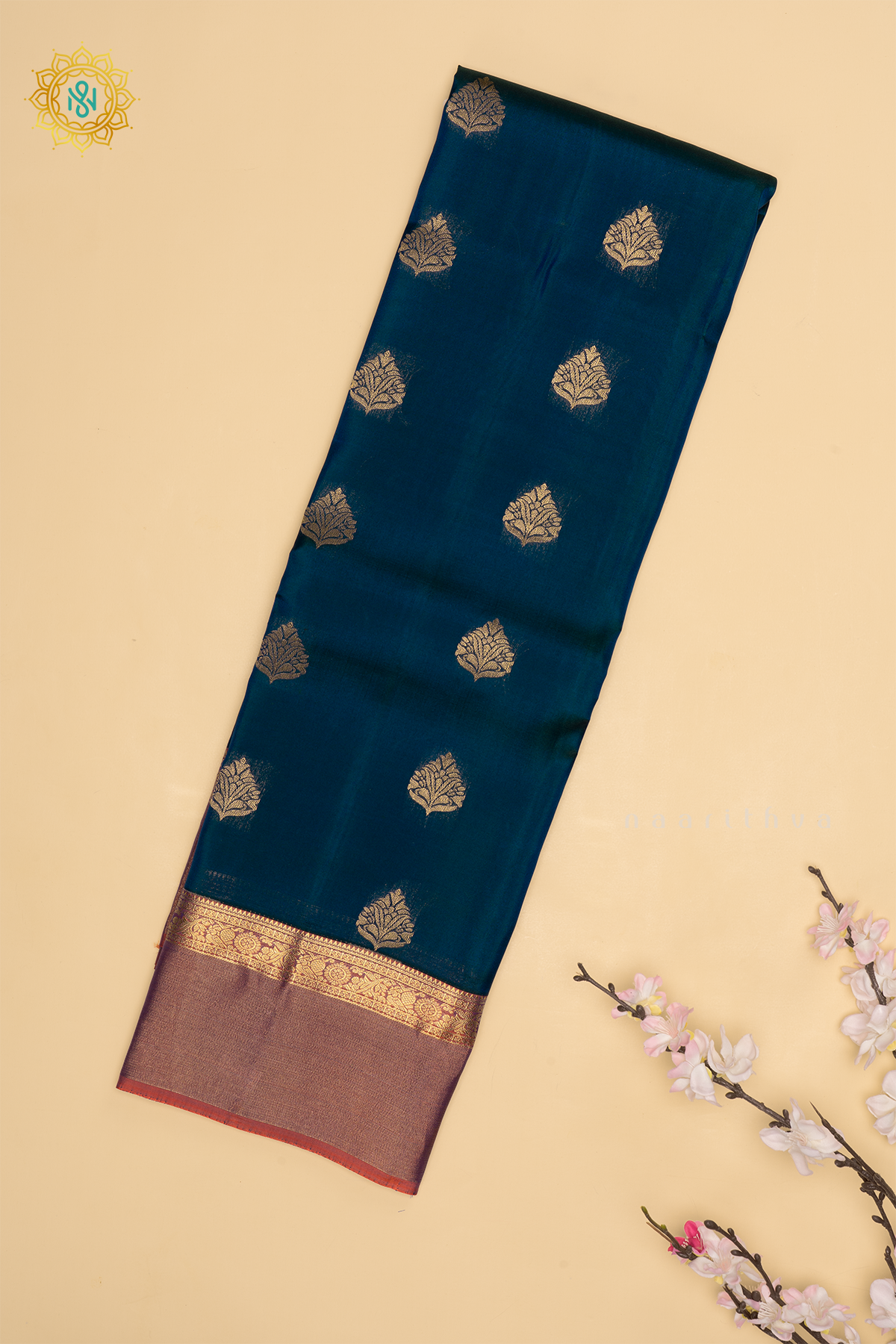 Peacock Blue with Orange Pure Mix Kanjivaram Silk Saree with Zari Woven Buttas and Contrast Zari Woven Border With Contrast Pallu & Blouse