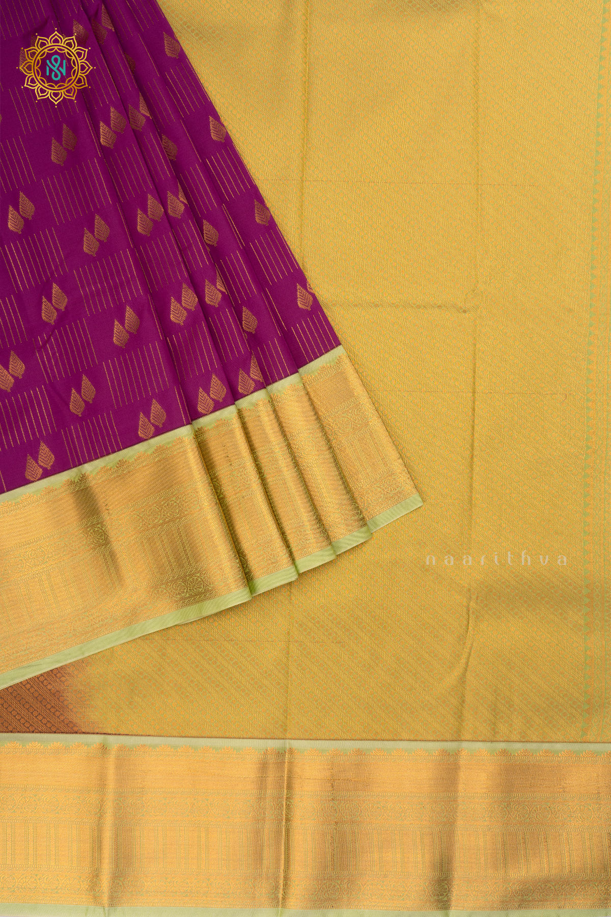 Purple with Pista Green Semi Kanchi Saree With Zari Buttas All Over And Contrast Zari Border