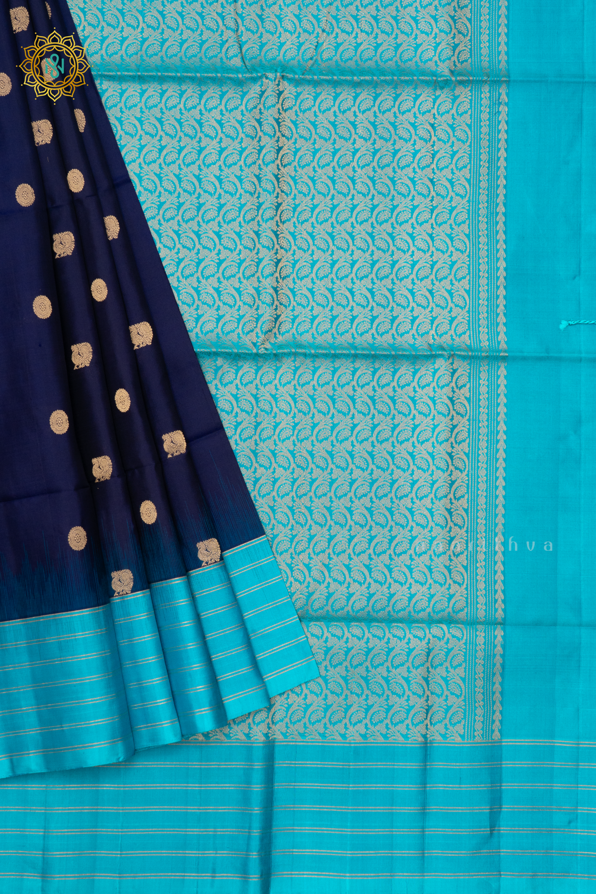 NAVY BLUE WITH SKY BLUE - PURE KANJIVARAM SOFT SILK