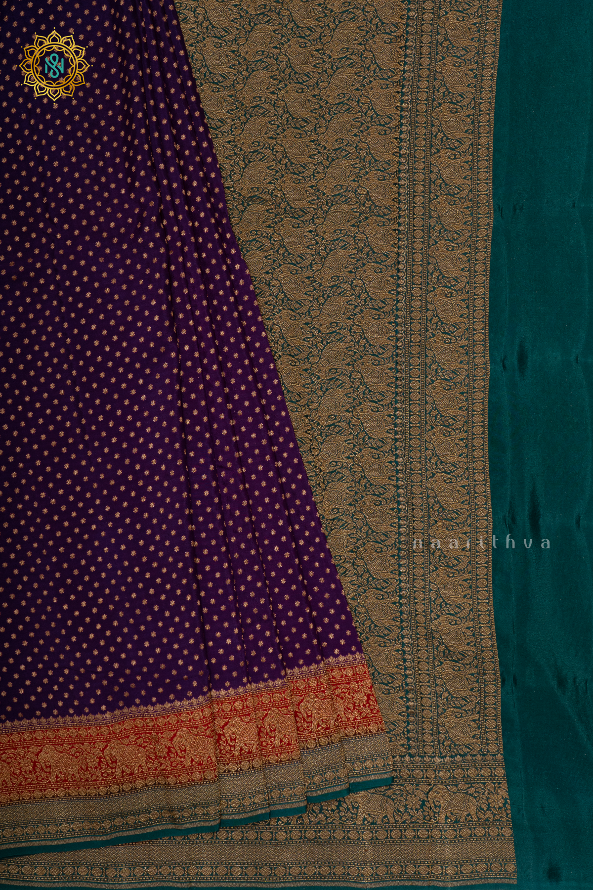 PURPLE WITH RED & PEACOCK GREEN - PURE BANARASI CREPE SILK