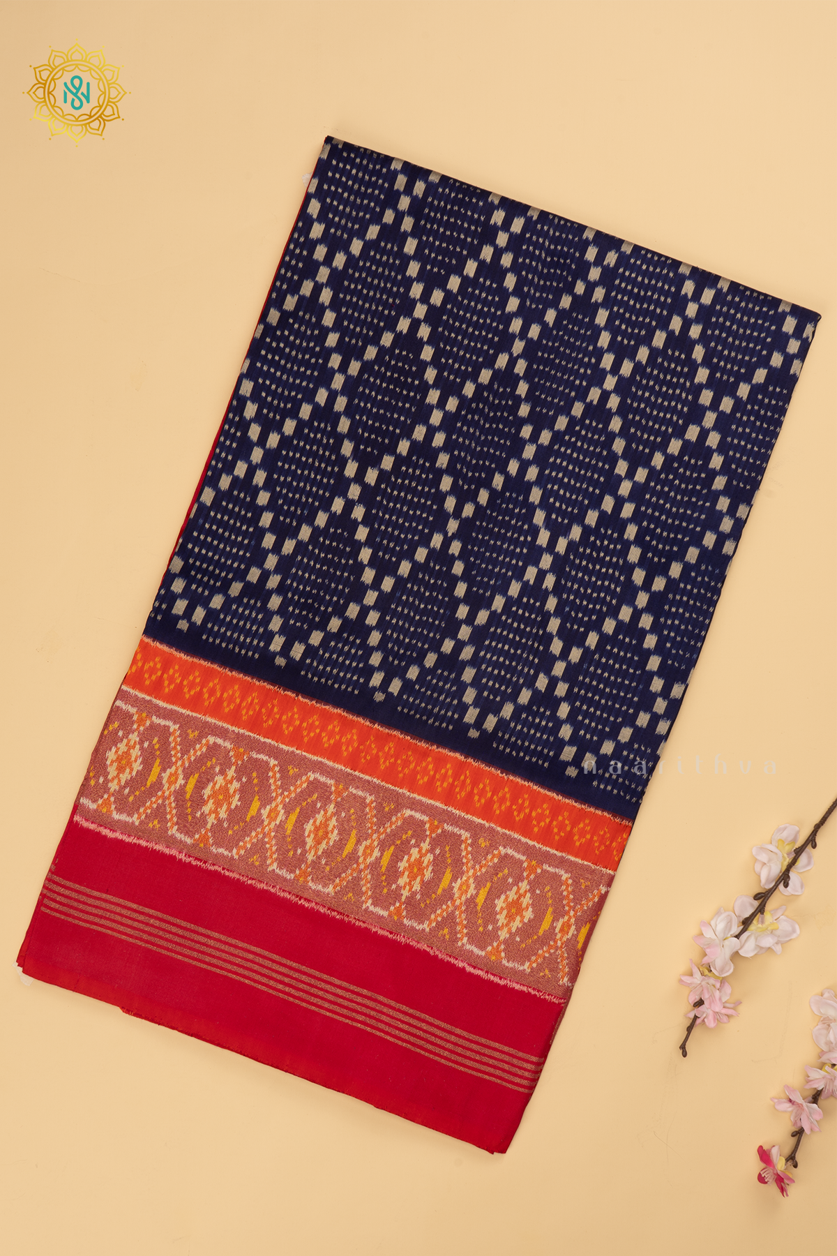 Navy Blue with Pink Ikkat Pure Silk Saree with Patola Printed Body and Zari Border