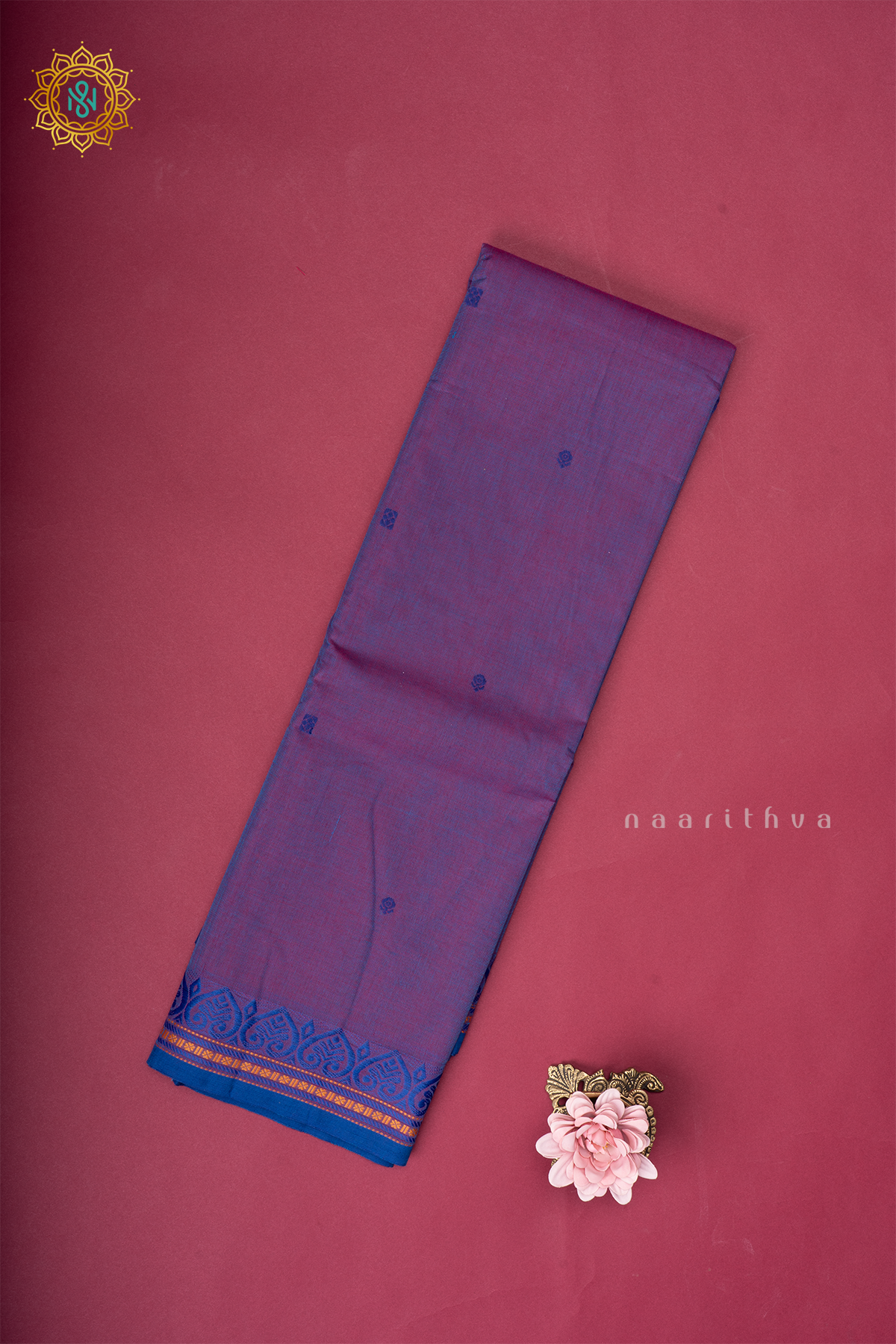 Dual Shade Of Blue Chettinad Cotton Saree With Thread Woven Buttas & Contrast Border