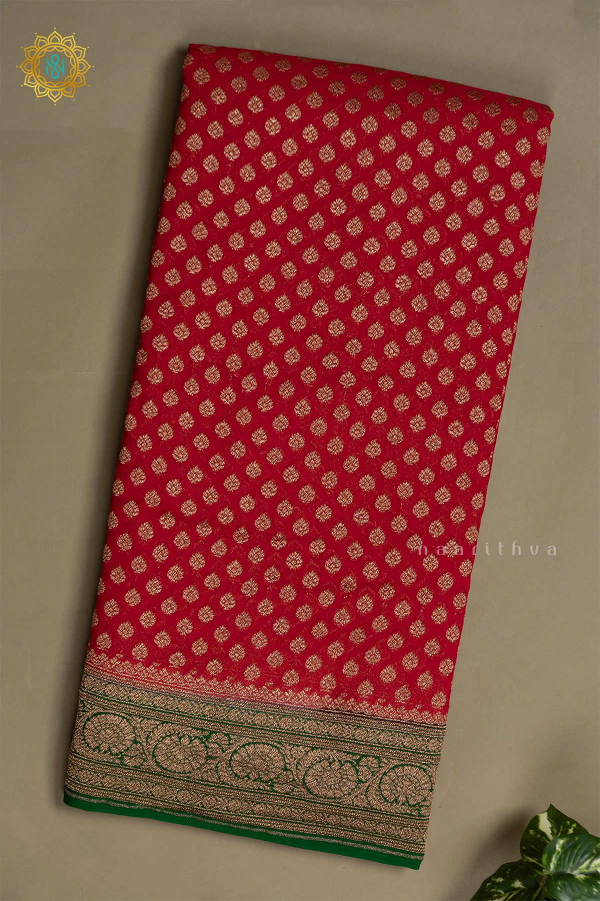 RED WITH GREEN - PURE BANARASI KHADDI GEORGETTE