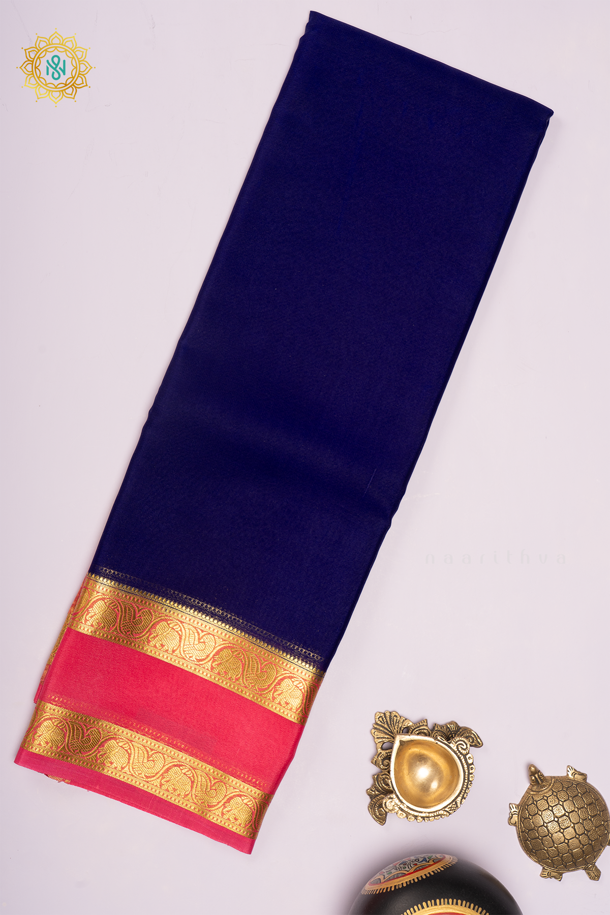 ROYAL BLUE WITH PEACHISH PINK - PURE MYSORE CREPE SILK